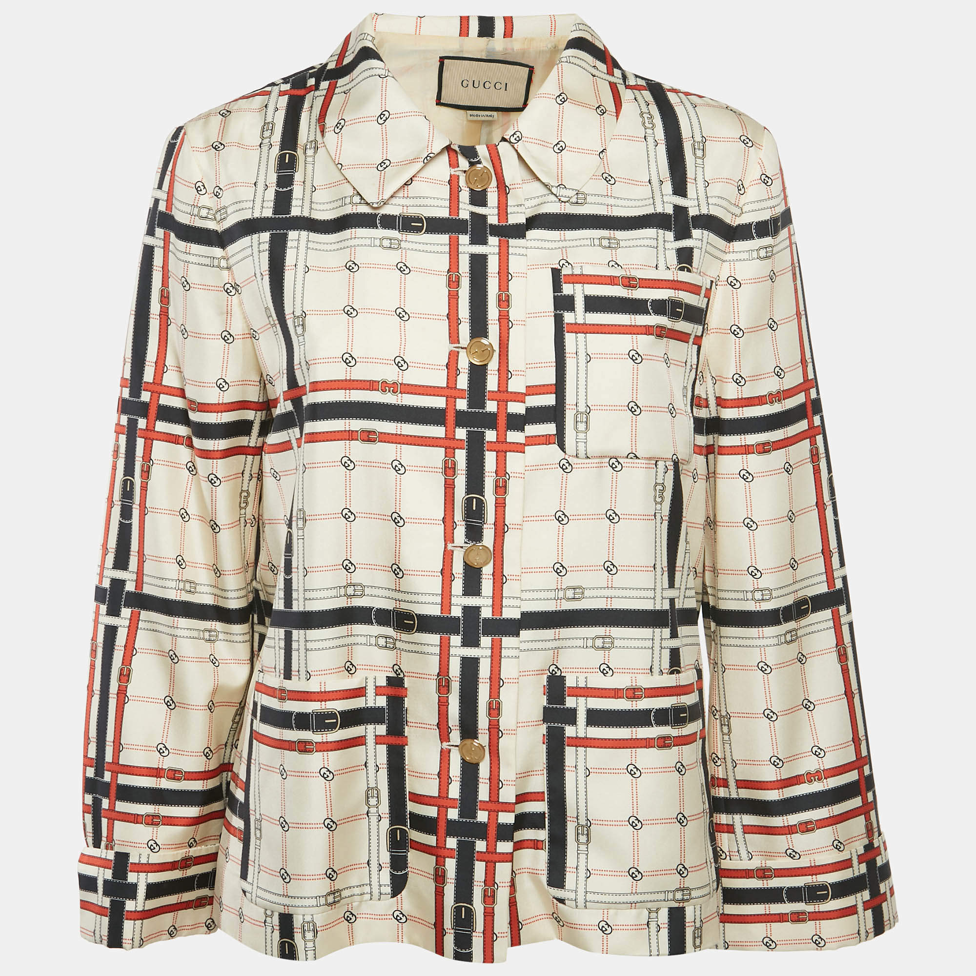 مملوكة مسبقًا Gucci Beige Interlocking GG Belt Print Silk Jacket M