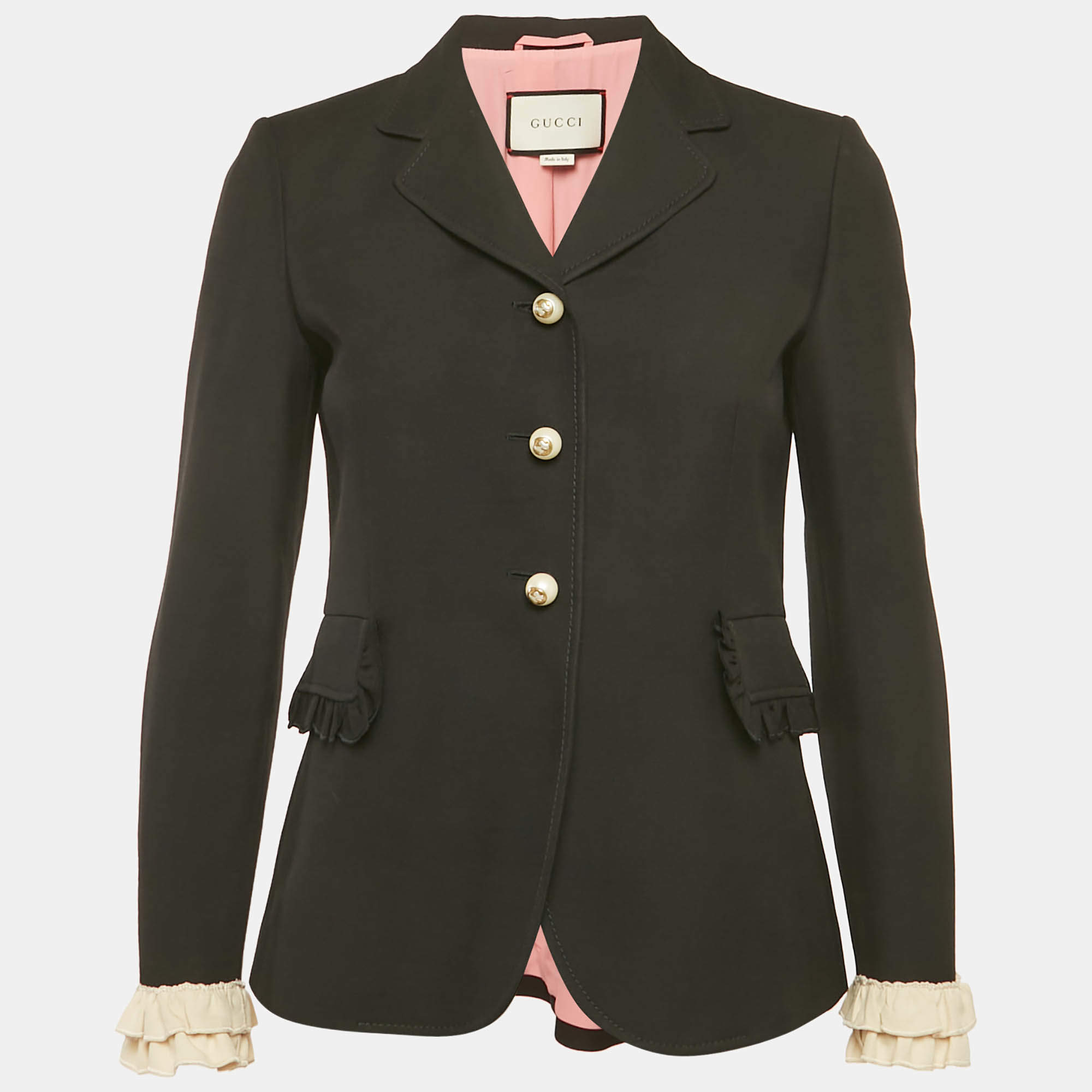 Pre Owned Gucci Black Silk Blend Ruffled Cuff Detail Jacket M