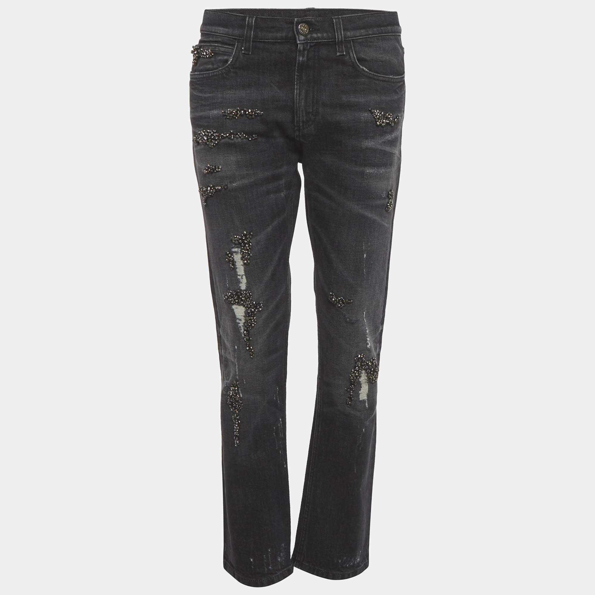 Pre Owned بنطلون جينز غوتشي دنيم رمادي مزين قصه مستقيمة مقاس صغير خصر 30 بوصة