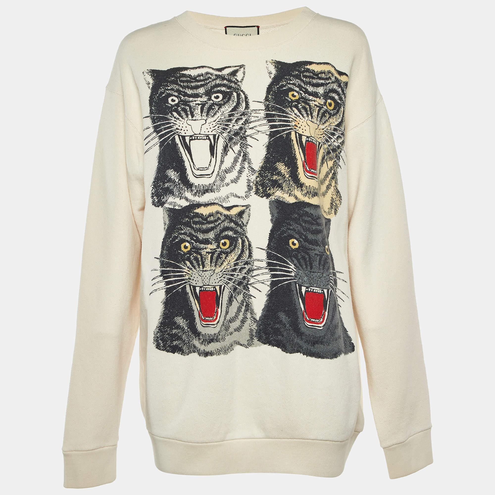 مملوكة مسبقًا Gucci Cream Vintage Logo Tiger Print Cotton Oversized Sweatshirt L