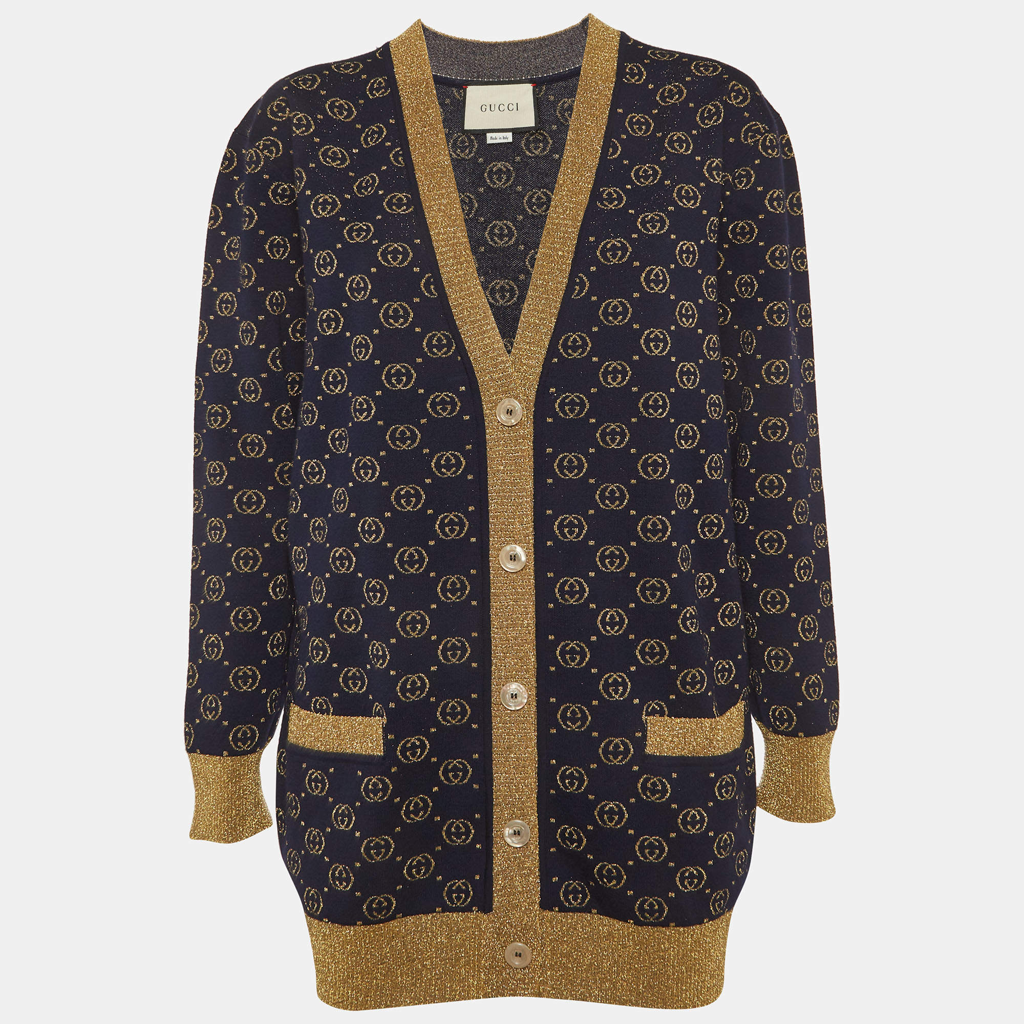Pre Owned Gucci Blue GG Lame Wool Cardigan S