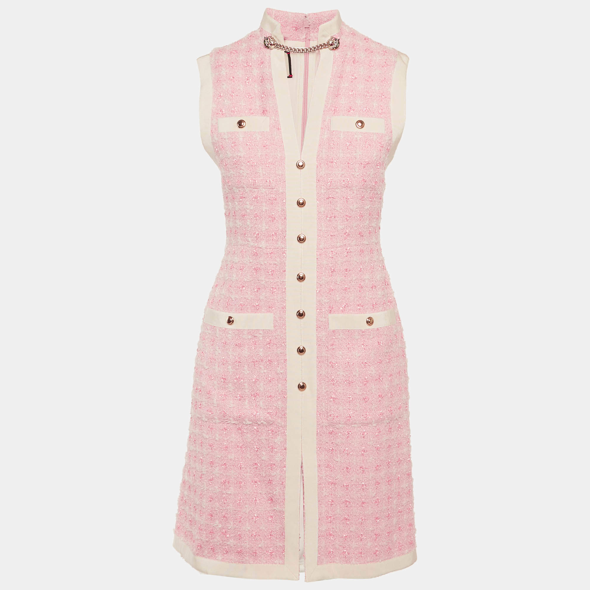 مملوكة مسبقًا فستان غوتشي تويد وردي بدون أكمام مقاس صغير (سمول)