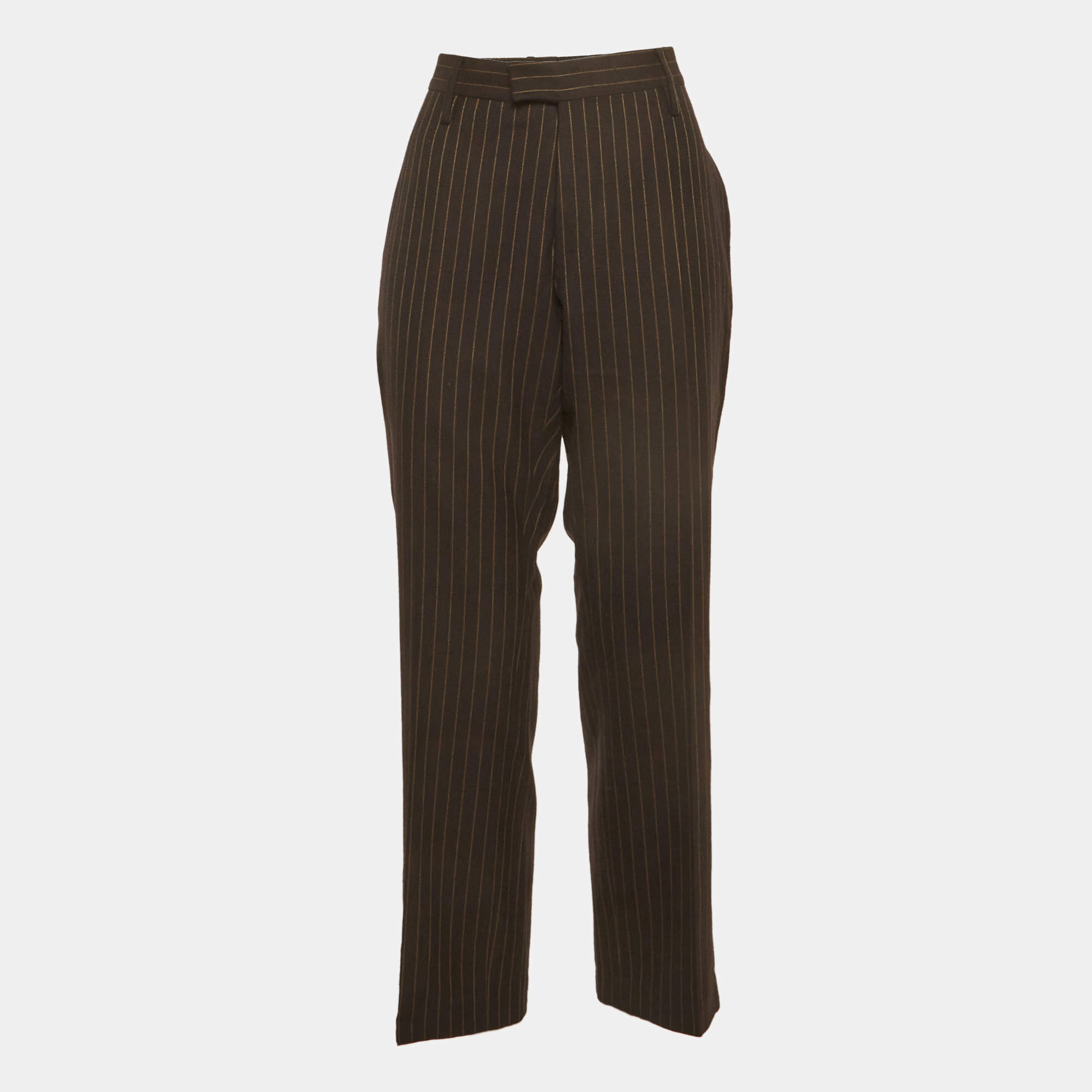 Pre Owned Gucci Brown Pin Striped Wool Regular Fit Trousers L