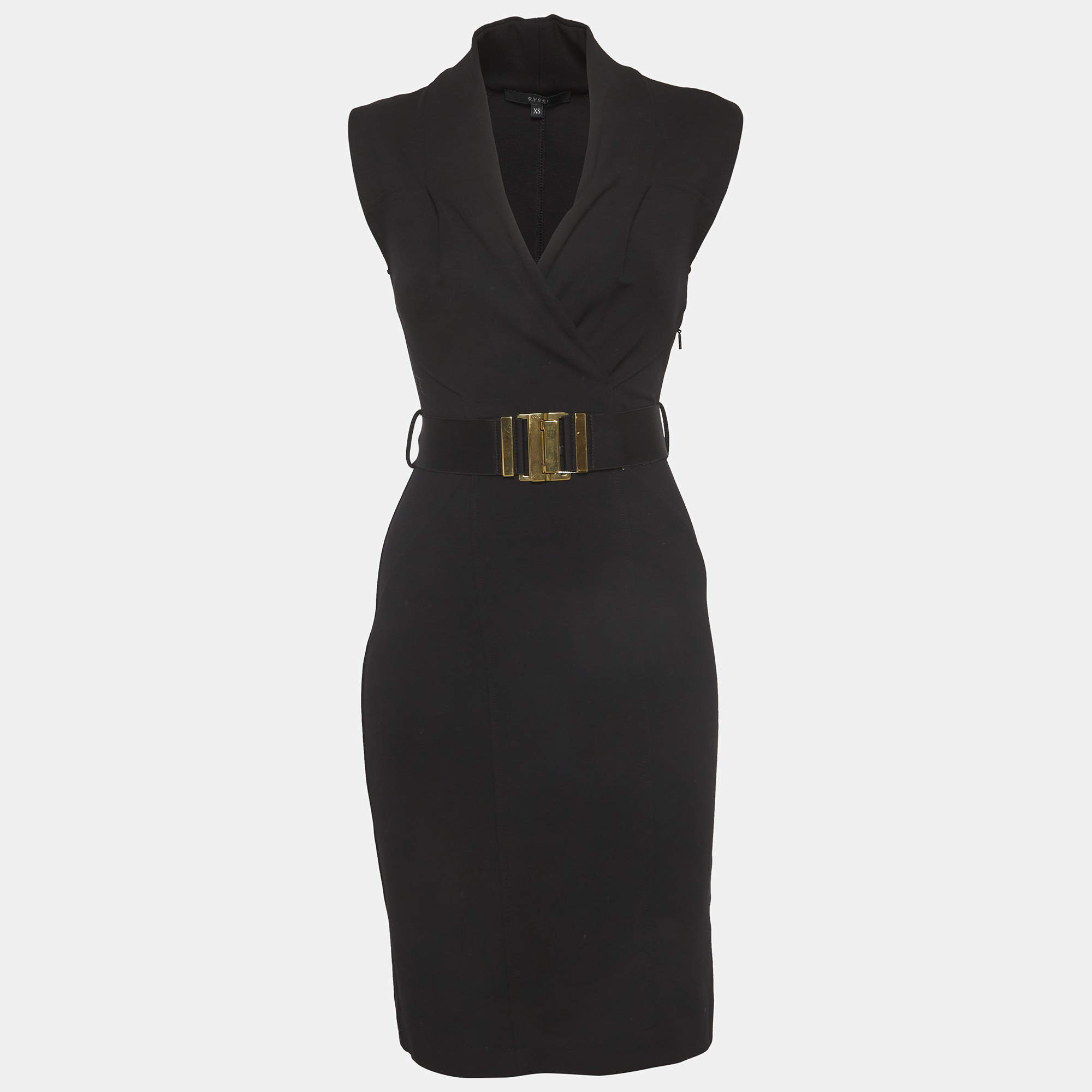 Pre Owned Gucci Black Stretch Knit Belted Mini Dress XS