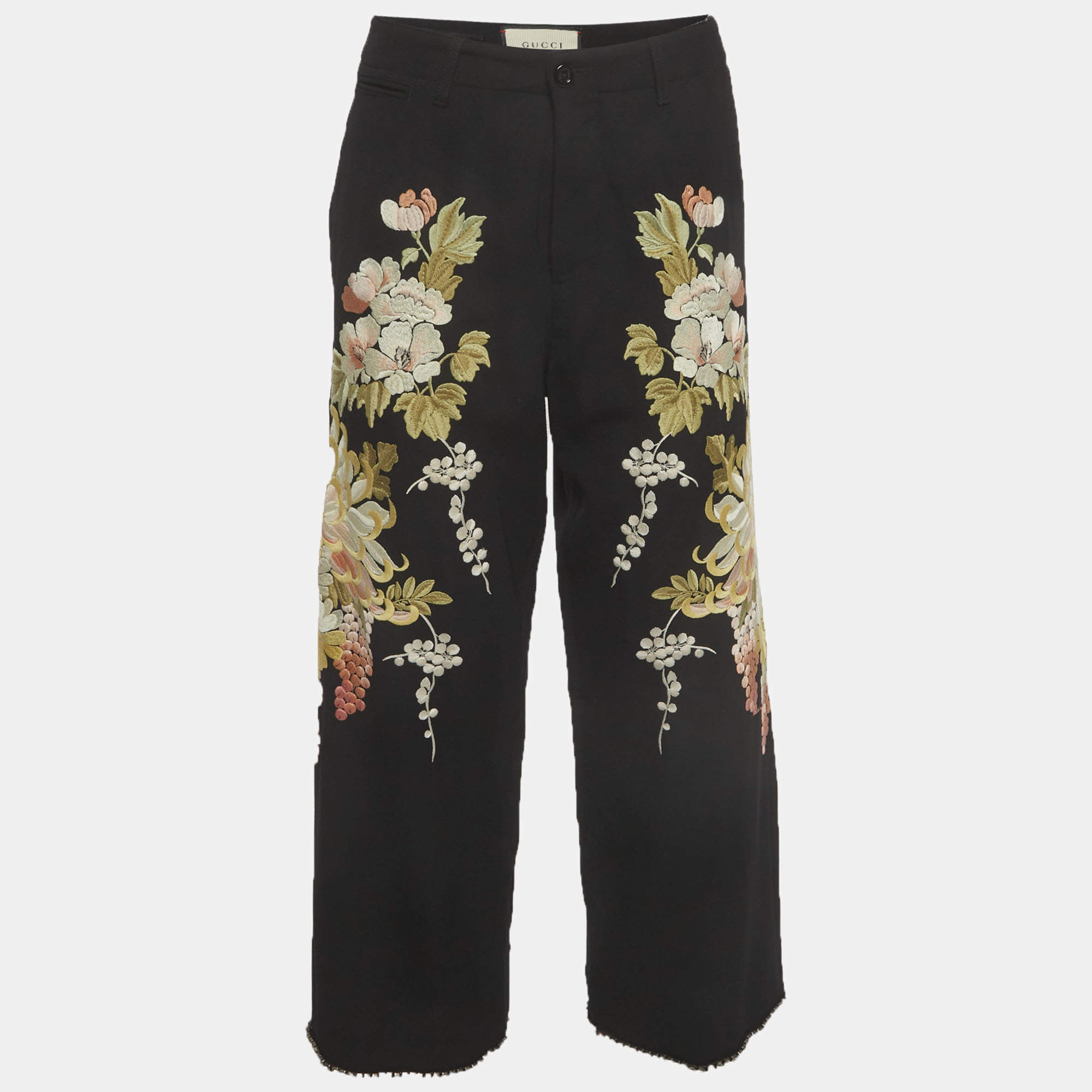 Pre Owned Gucci Black Floral Embroidered Wool Trousers S
