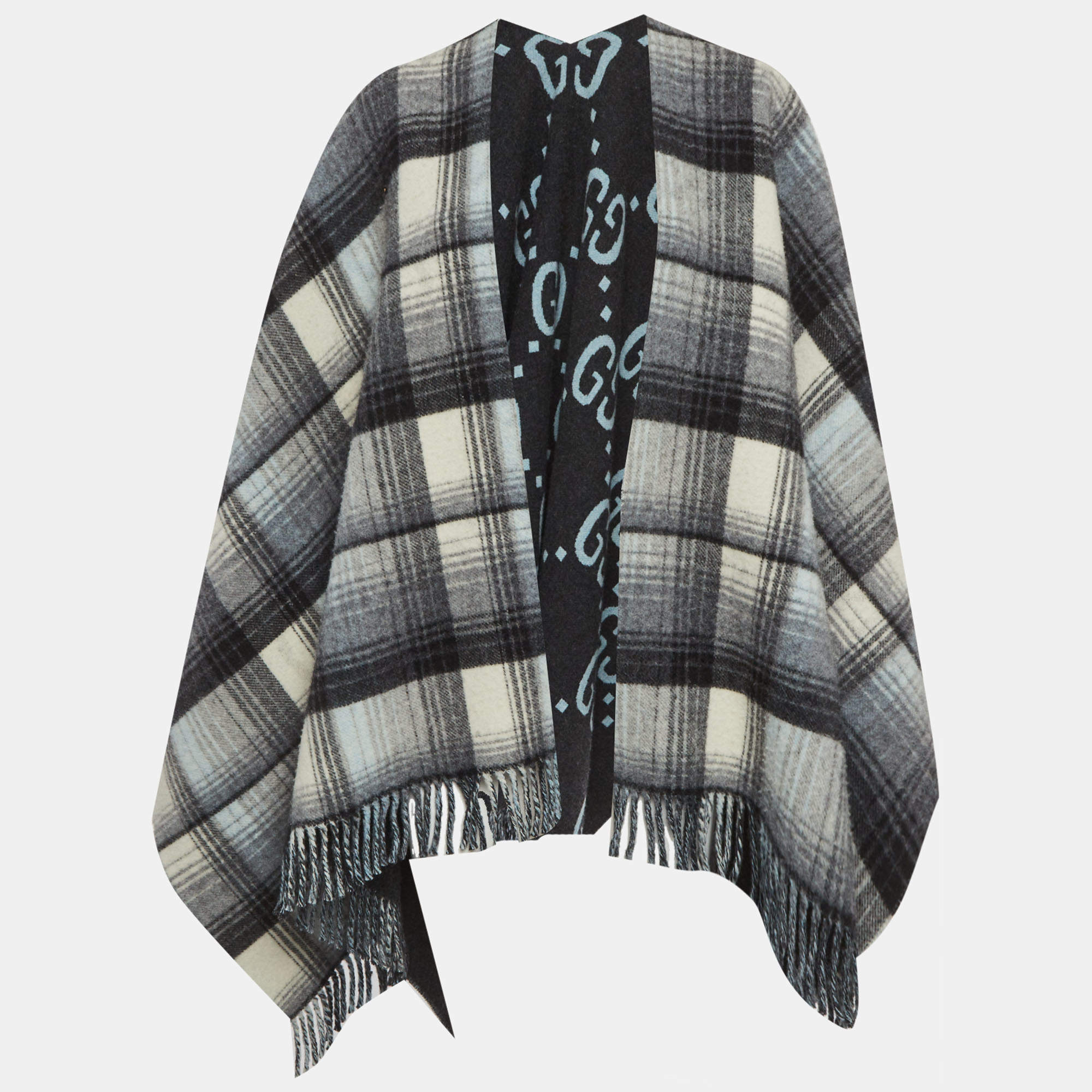 مملوكة مسبقًا Gucci Grey Checkered Wool Poncho