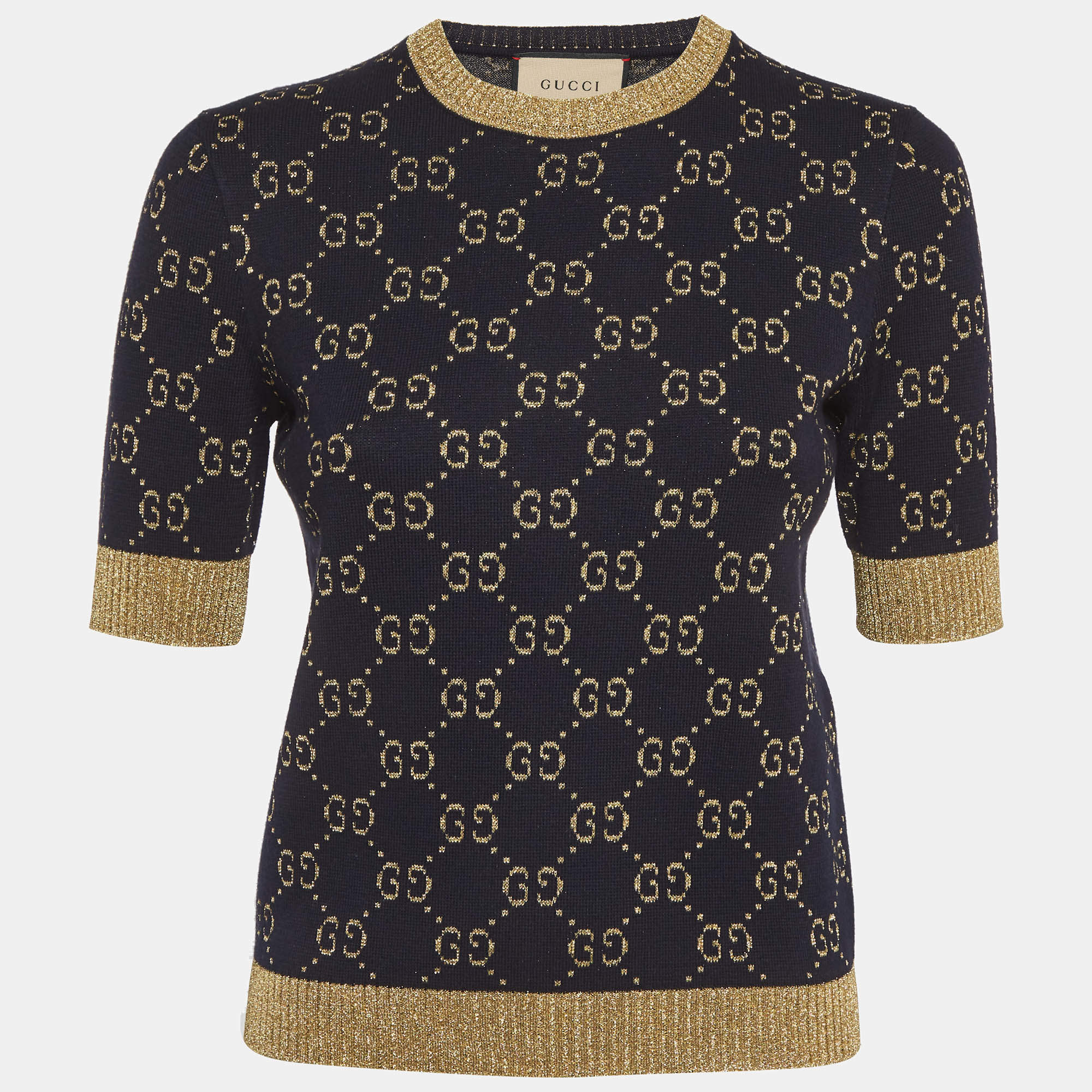 Pre Owned Gucci Blue GG Lamé Cotton Top XS