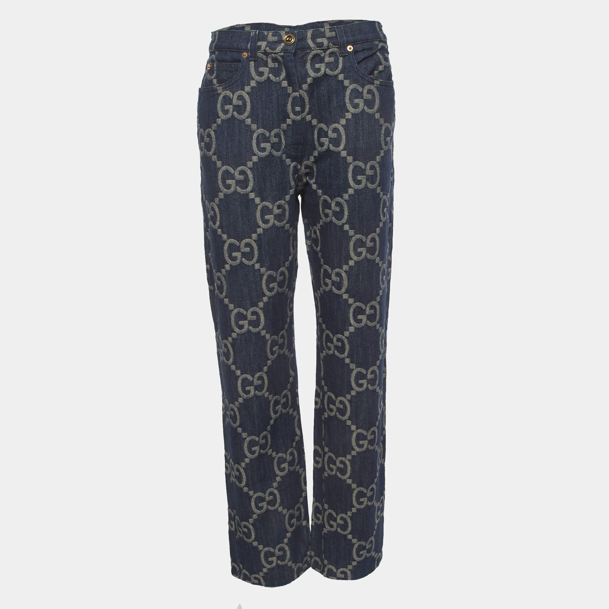 Pre Owned Gucci Blue GG Monogram Denim Straight Leg Jeans M/Waist 28"