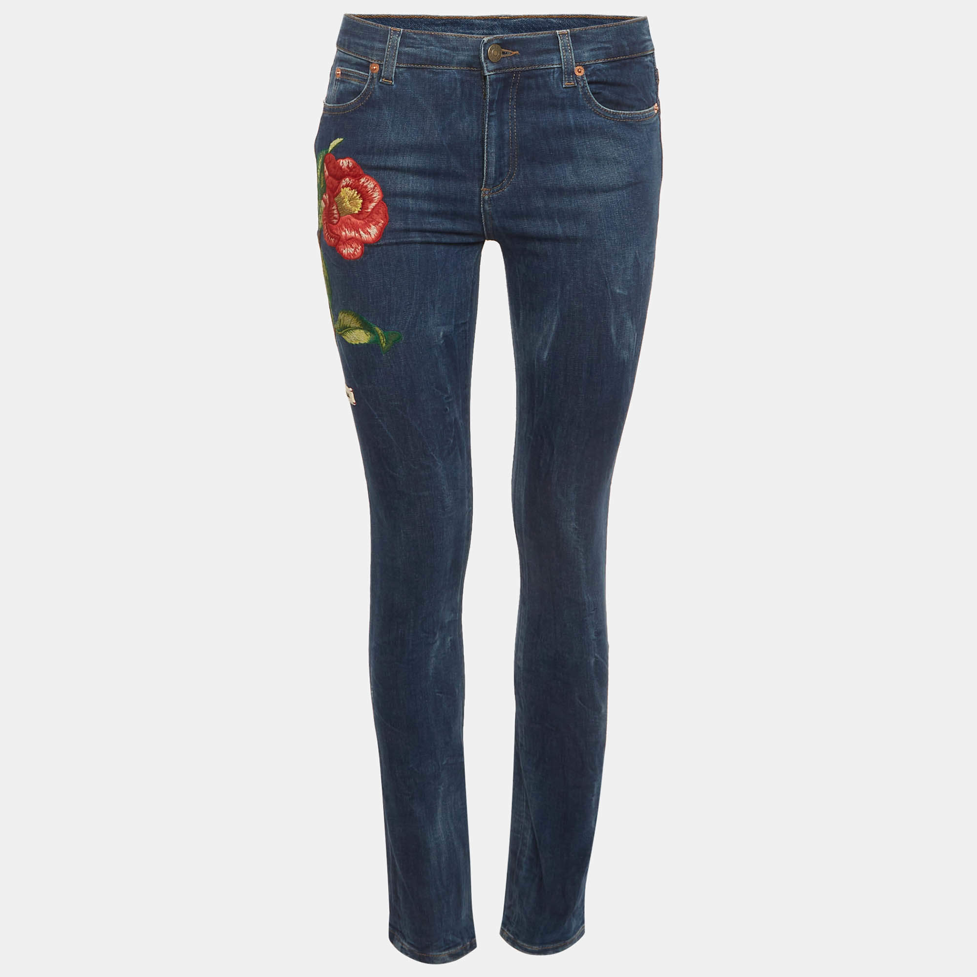 Pre Owned Gucci Blue Floral Embroidered Denim Skinny Jeans S/Waist 27"