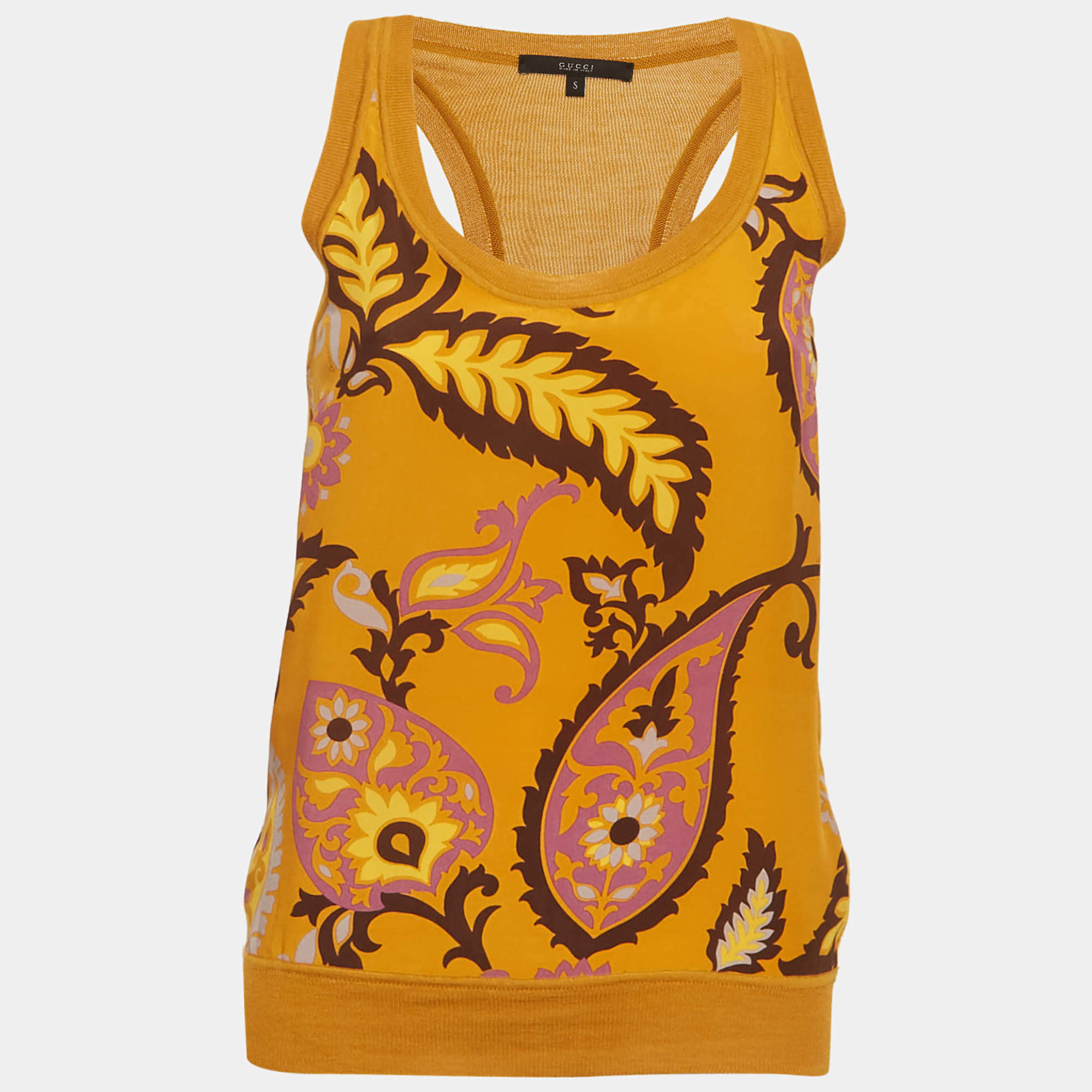 Pre Owned Gucci Yellow Printed Silk and Knit Tank Top S