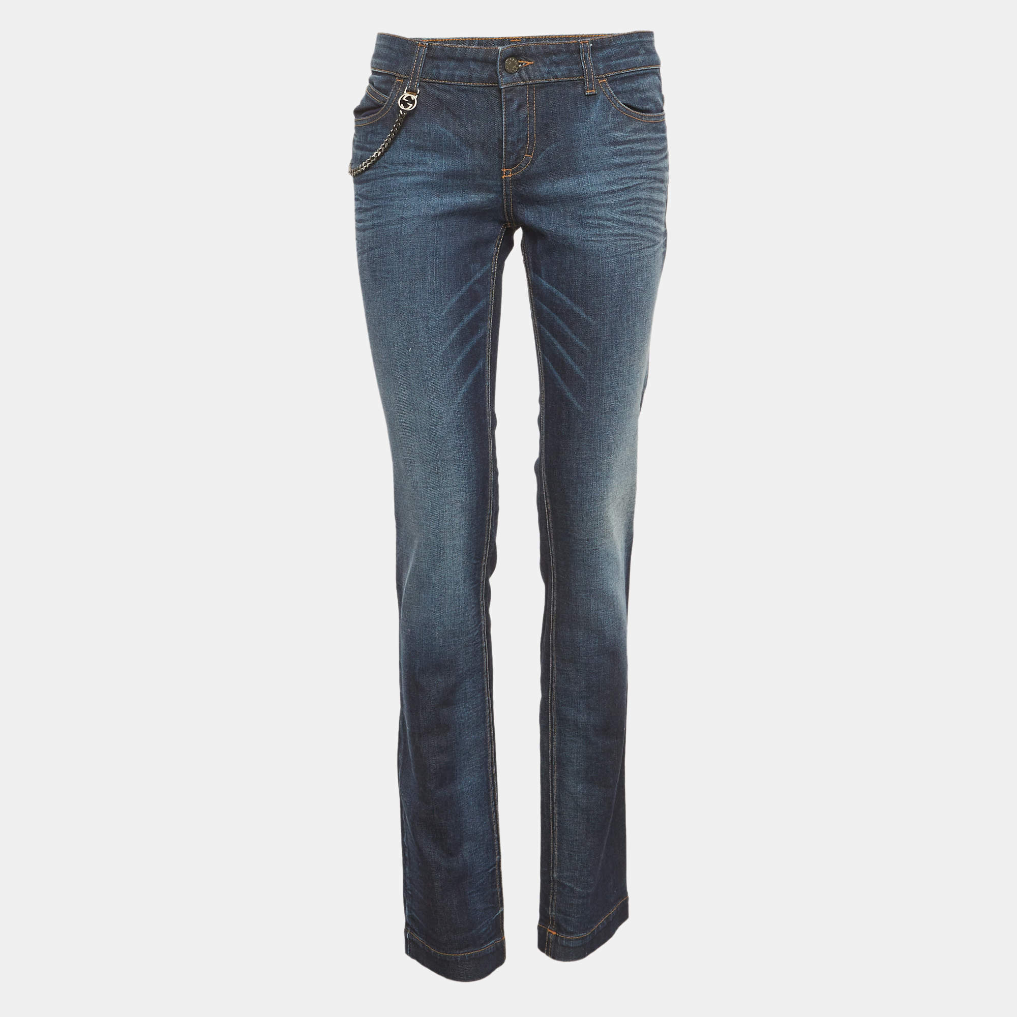 Pre Owned بنطلون جينز غوتشي دنيم أزرق كحلي ممسوح مقاس مديم خصر 32 بوصة