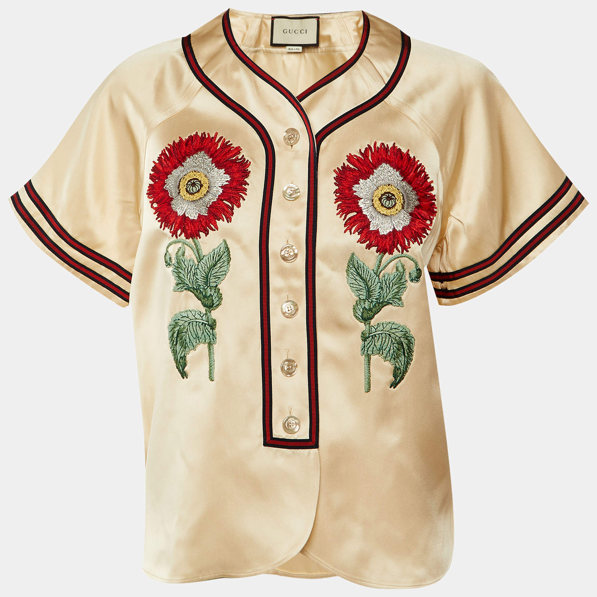 Pre Owned بلوزة غوتشي قماش ساتان مطرزة باللون الكريمي بأزرار أمامية مقاس صغير (سمول)