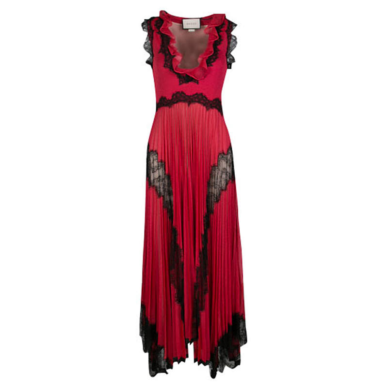 Gucci Red Lurex Knit Contrast Lace Ruffle and Pleat Detail Sleeveless Gown S