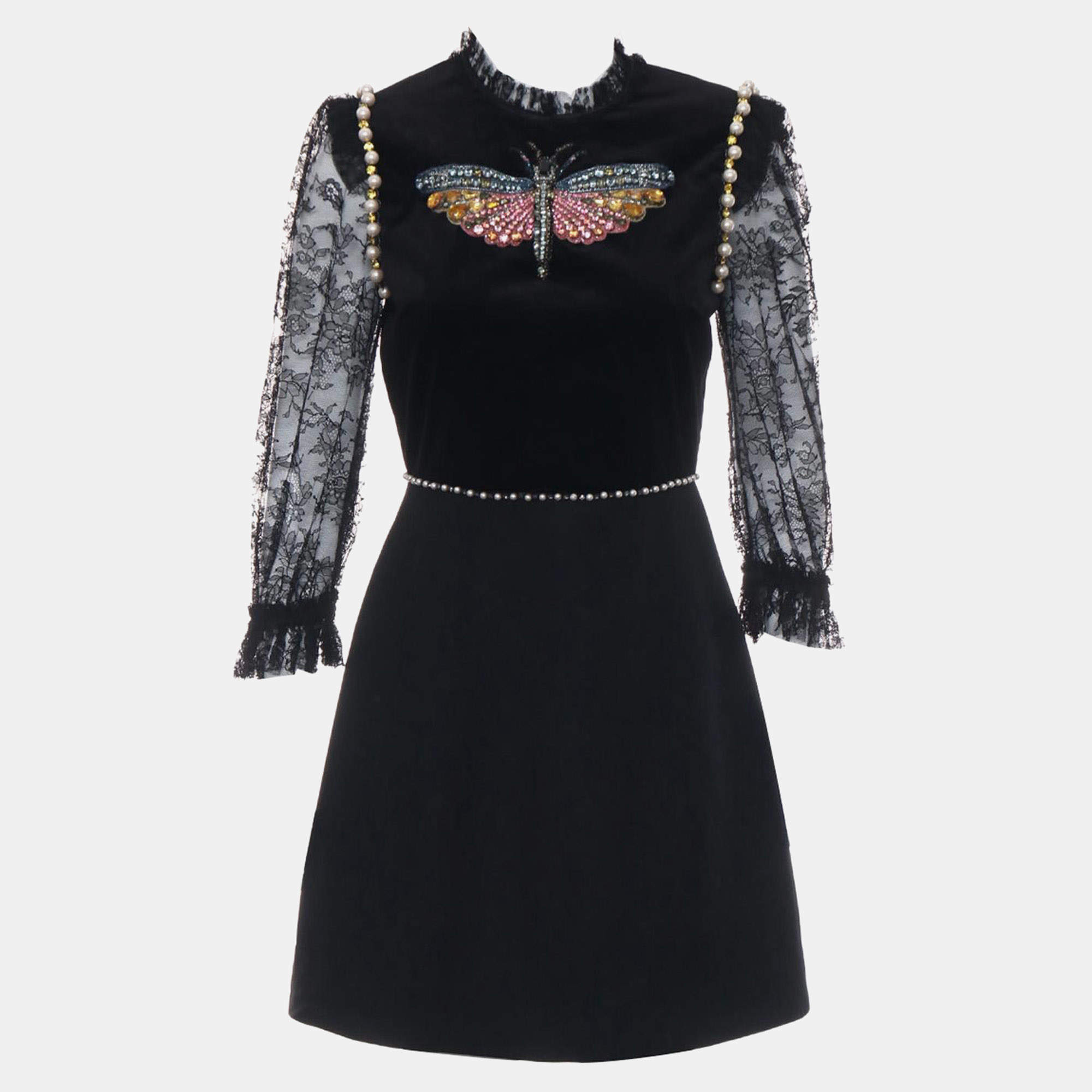 Pre Owned Gucci 2017 Lace Velvet Embellished Dress