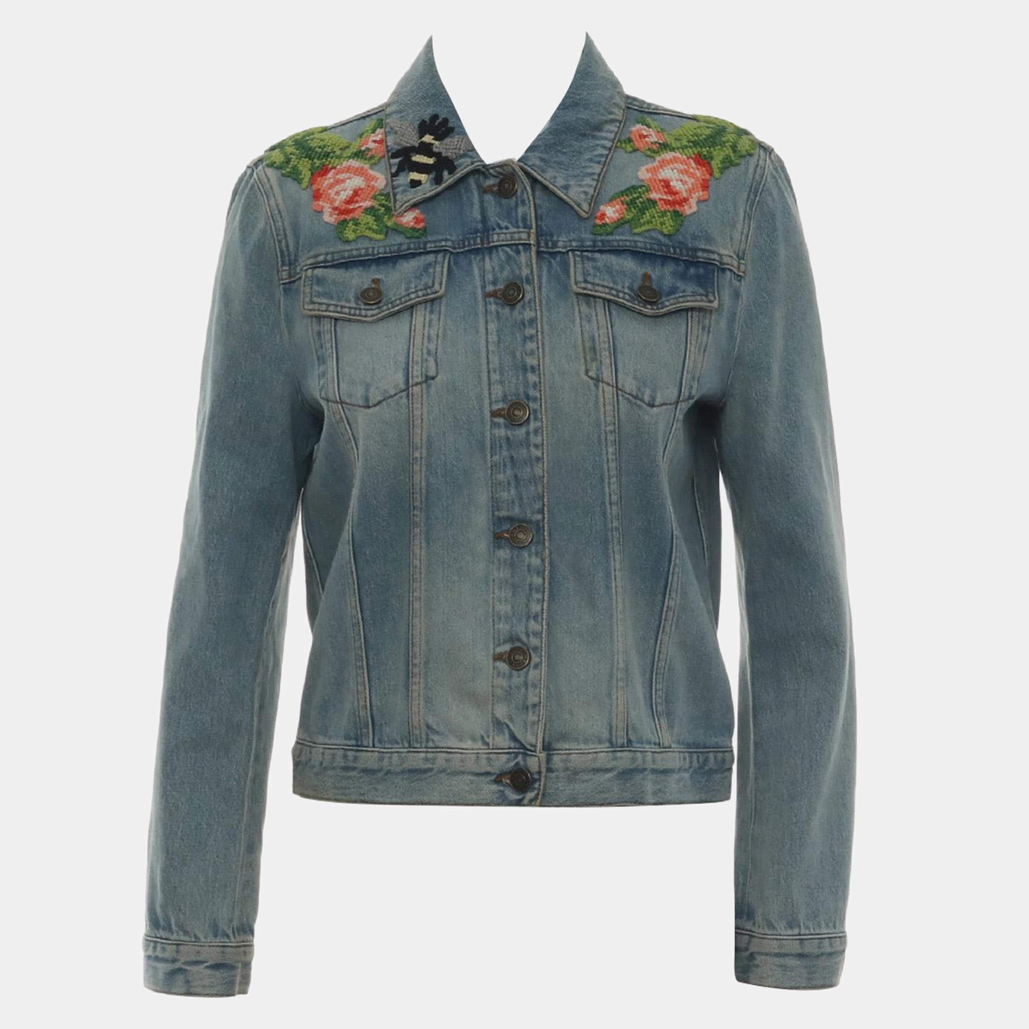 Pre Owned Gucci Blind For Love Embroidered Denim Jacket