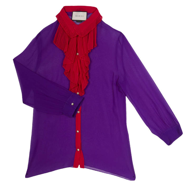 Gucci Purple Silk Chiffon Contrast Plisse Ruffle Detail Sheer Blouse M