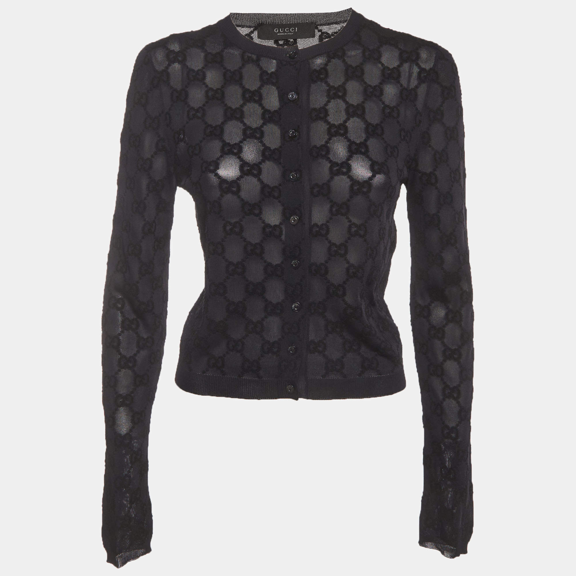 Pre Owned Gucci Black Monogram Crepe Cropped Cardigan S