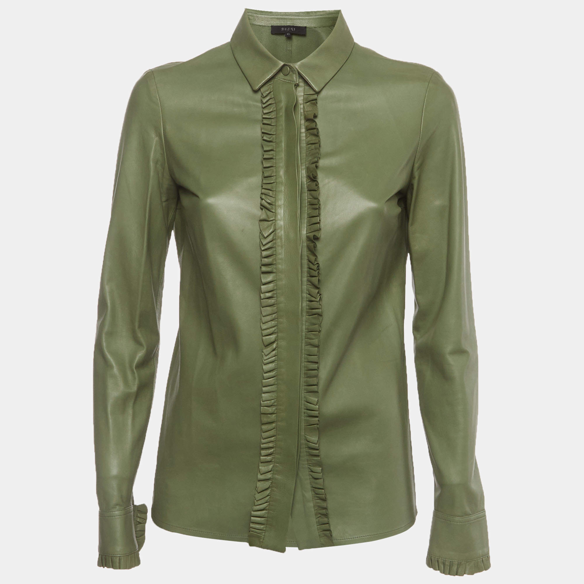 مملوكة مسبقًا Gucci Green Leather Ruffle Trim Button-Up Blouse S