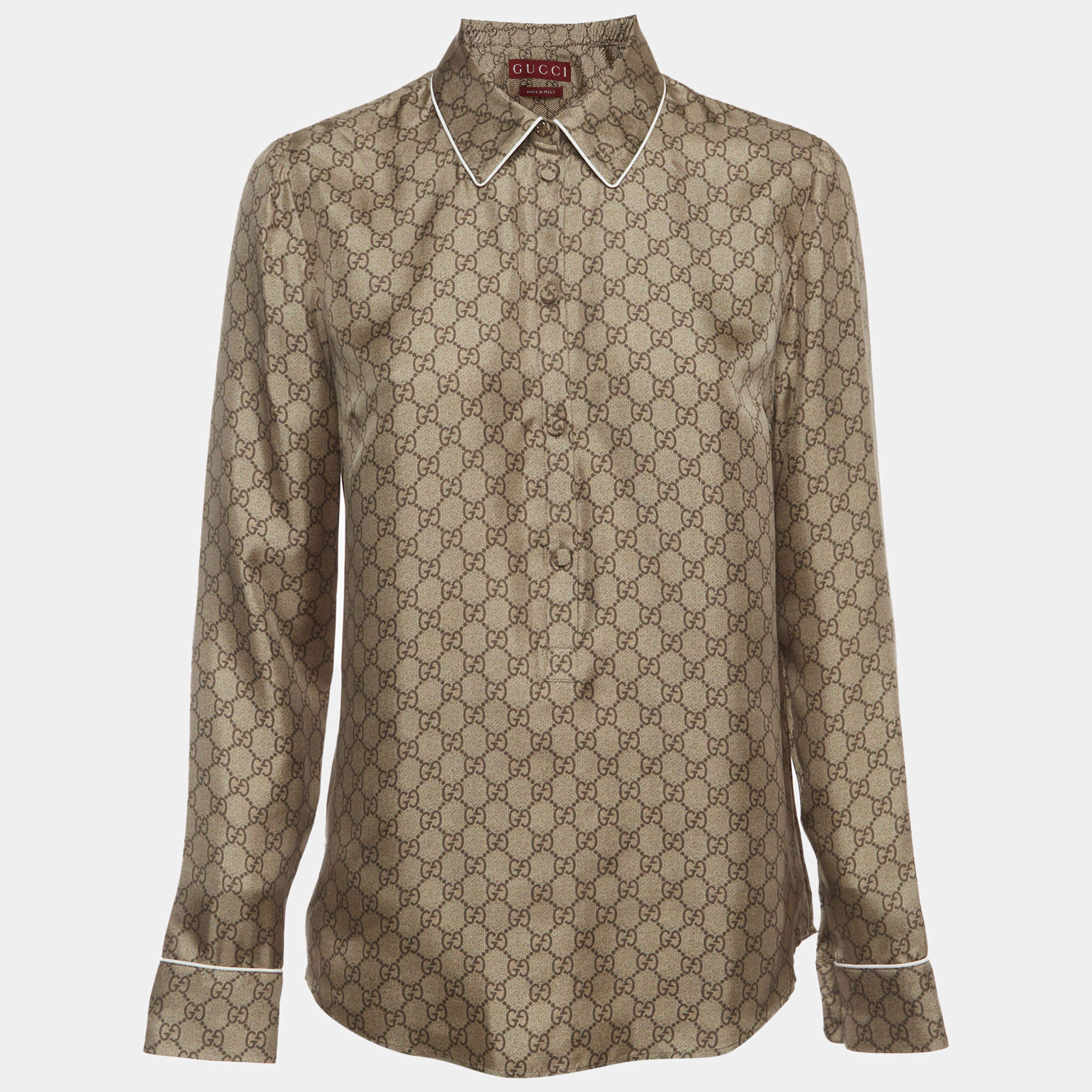 Pre Owned Gucci Beige Monogram Print Silk Button-Up Shirt S 