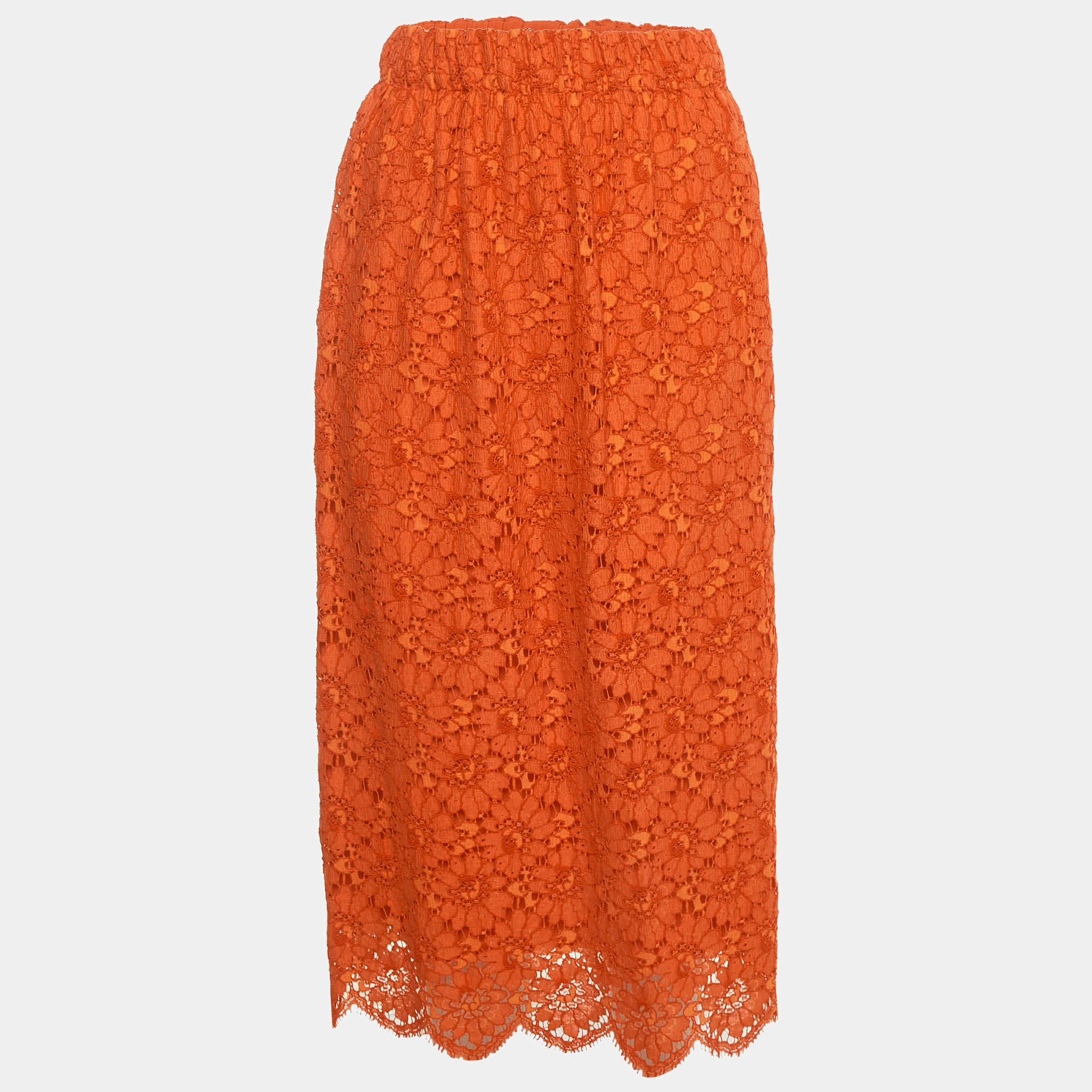 Pre Owned Gucci Orange Floral Lace Scalloped Hem Midi Skirt L