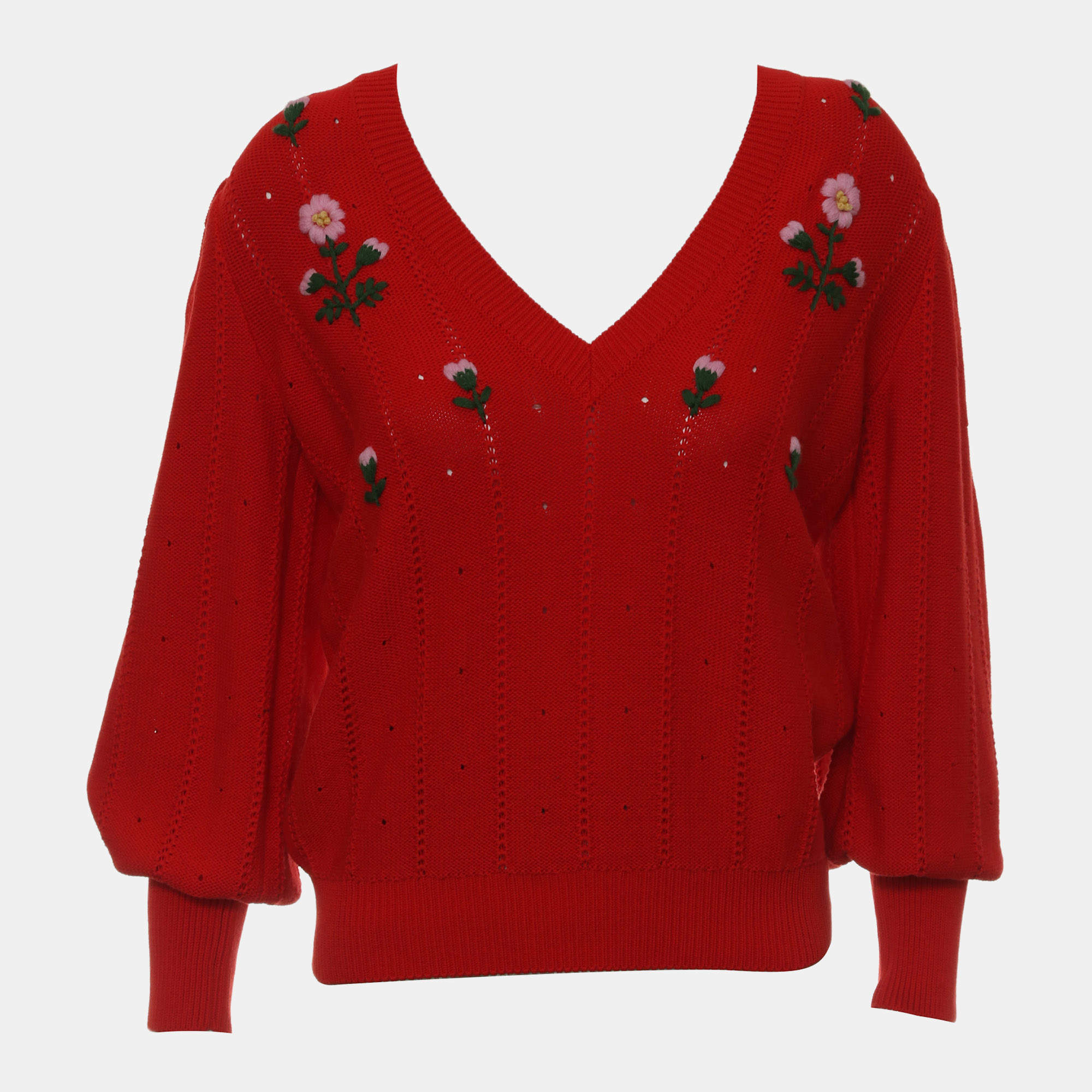 Pre Owned Gucci Red Cotton Floral Embroidered V-Neck Sweater Size S