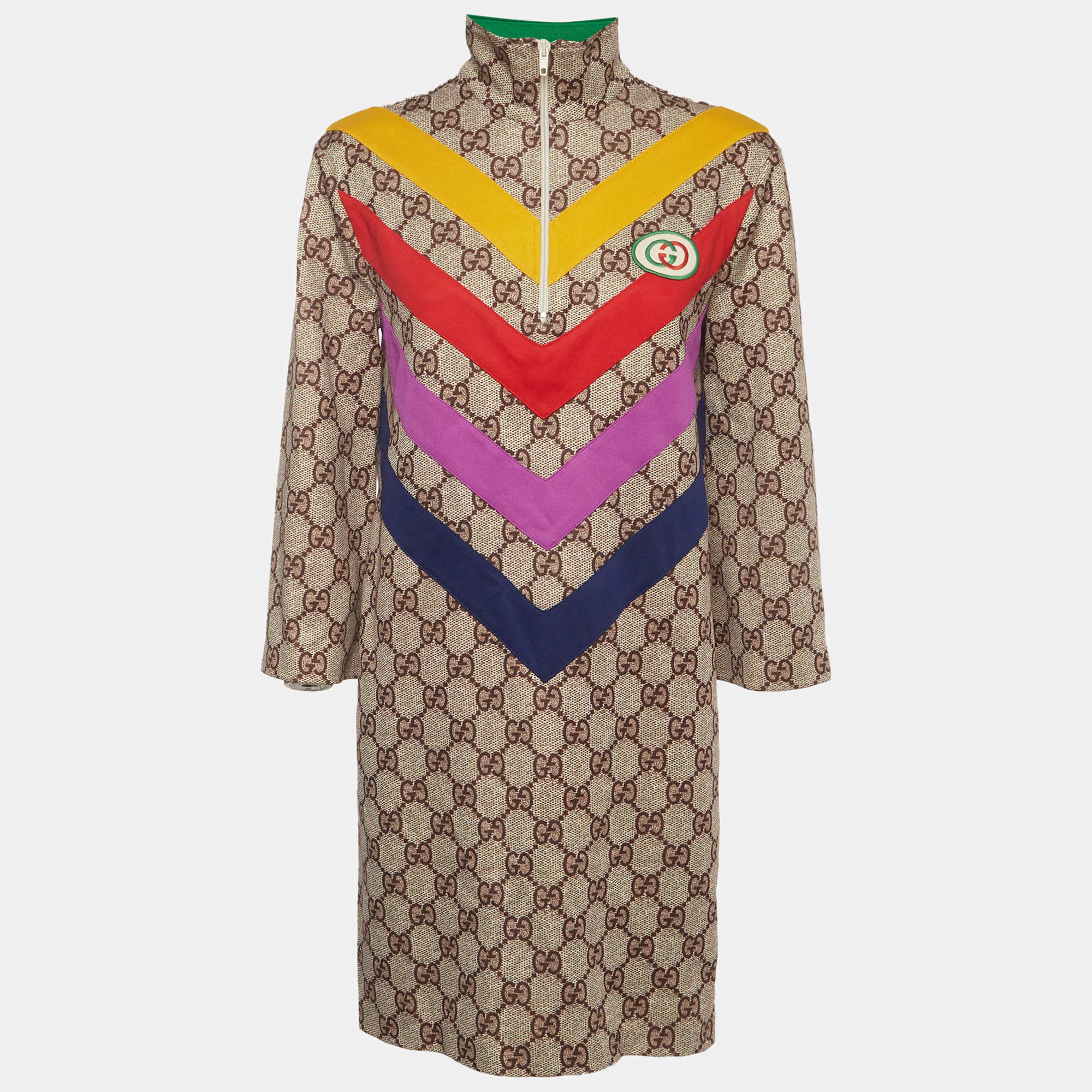 Pre Owned Gucci Brown GG Supreme Jersey Chevron Striped Shift Dress XS
