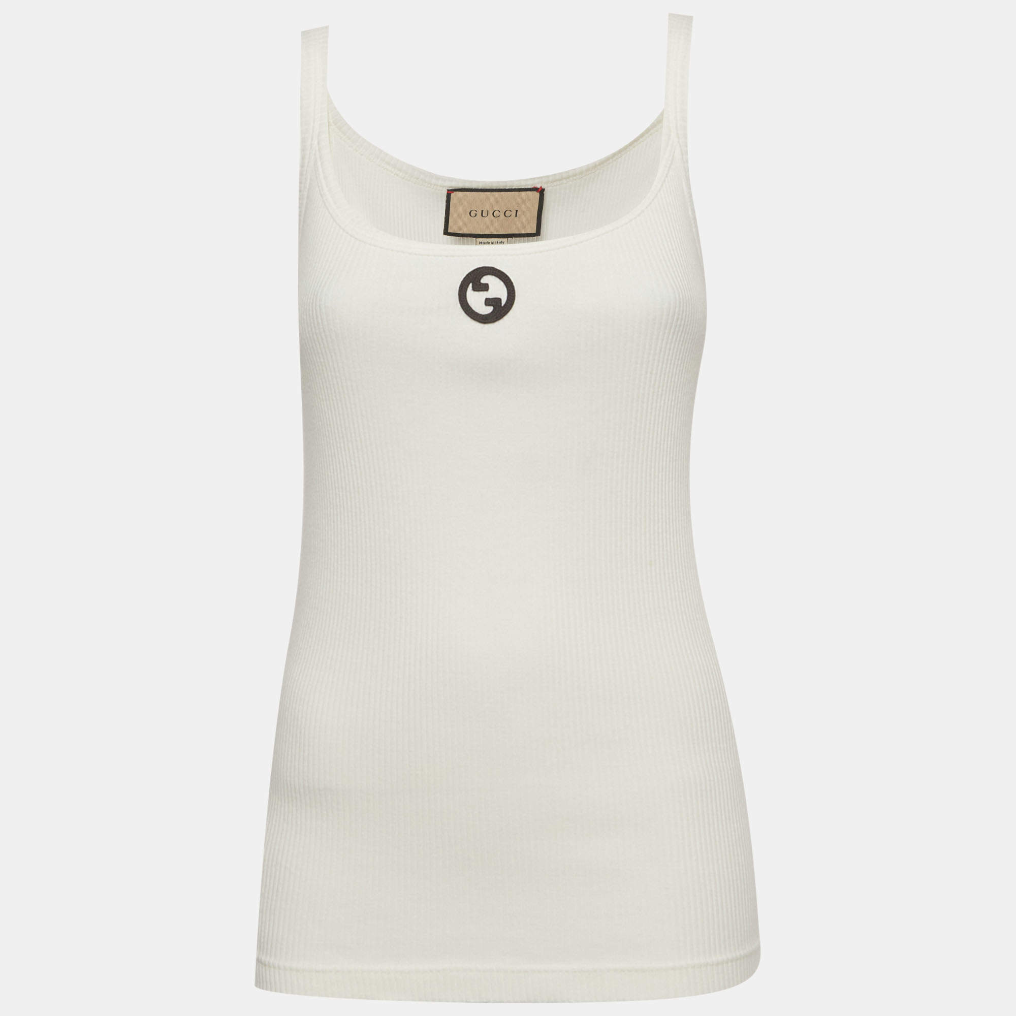 مملوكة مسبقًا Gucci White Rib Knit Embroidered Interlocking G Logo Tank Top S