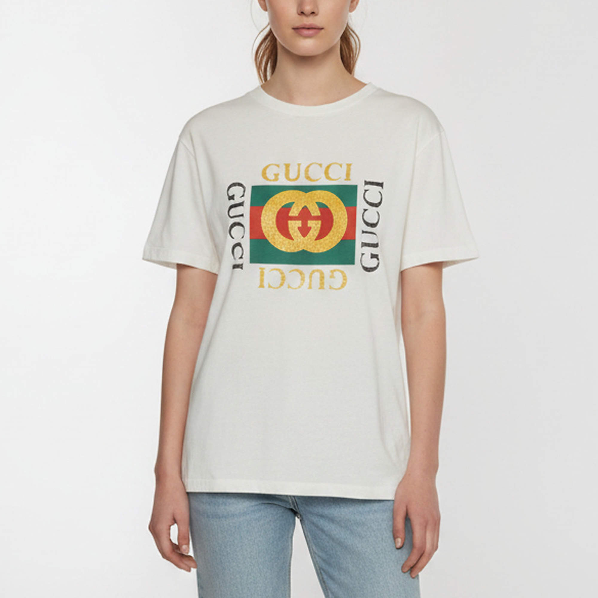 Pre Owned Gucci White Logo Printed & Embroidered Cotton Distressed T-Shirt XS
