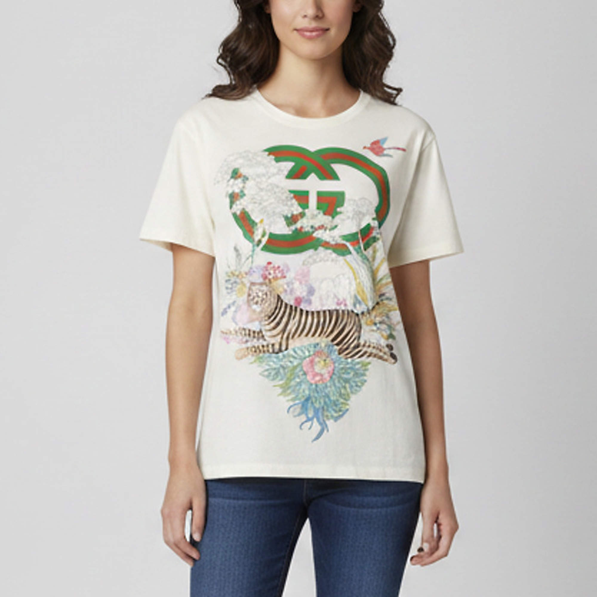 Pre Owned Gucci Cream Floral Tiger Graphic Jersey Oversized T-Shirt XS