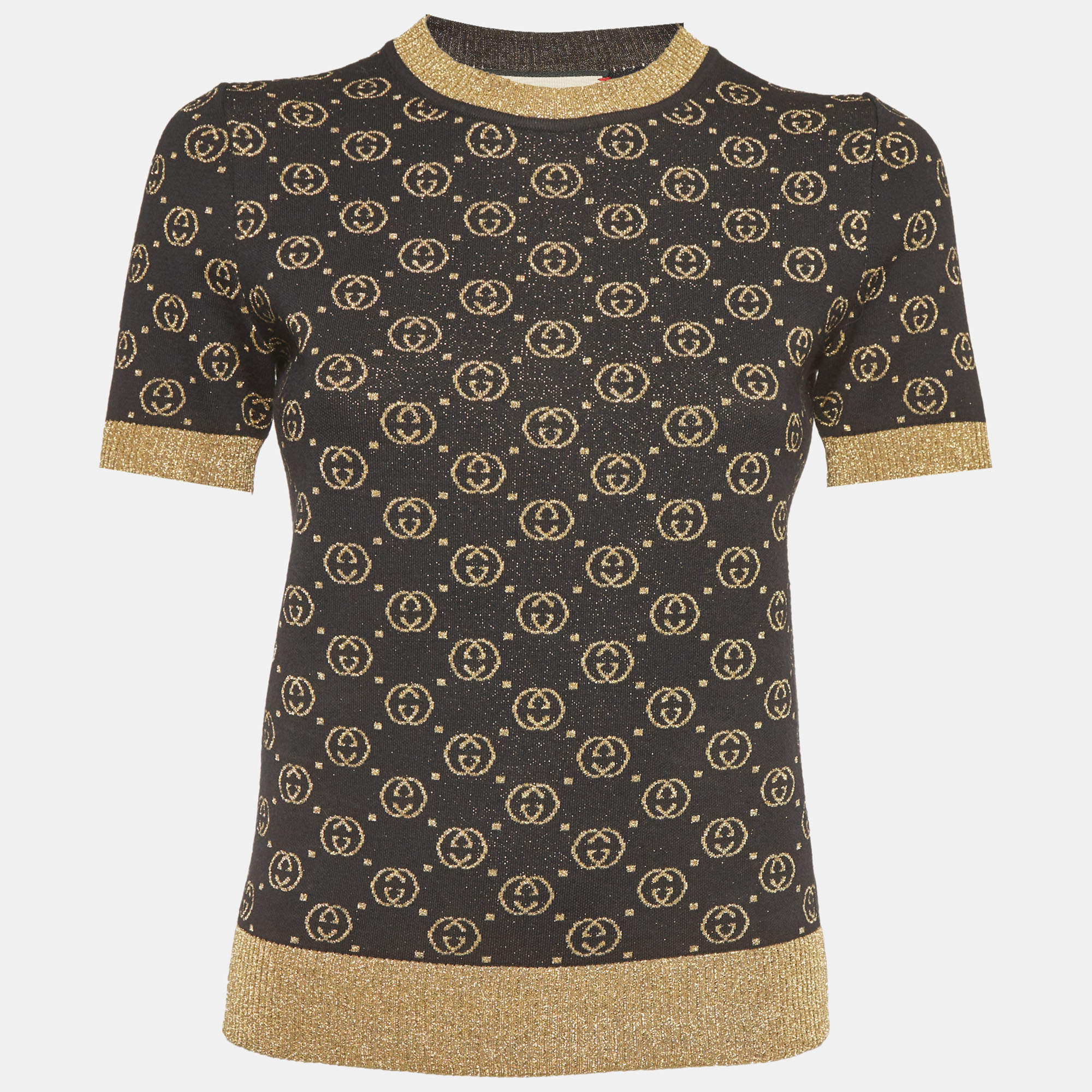 Pre Owned Gucci Black GG Supreme Lurex Knit Short Sleeve Lame Top XS