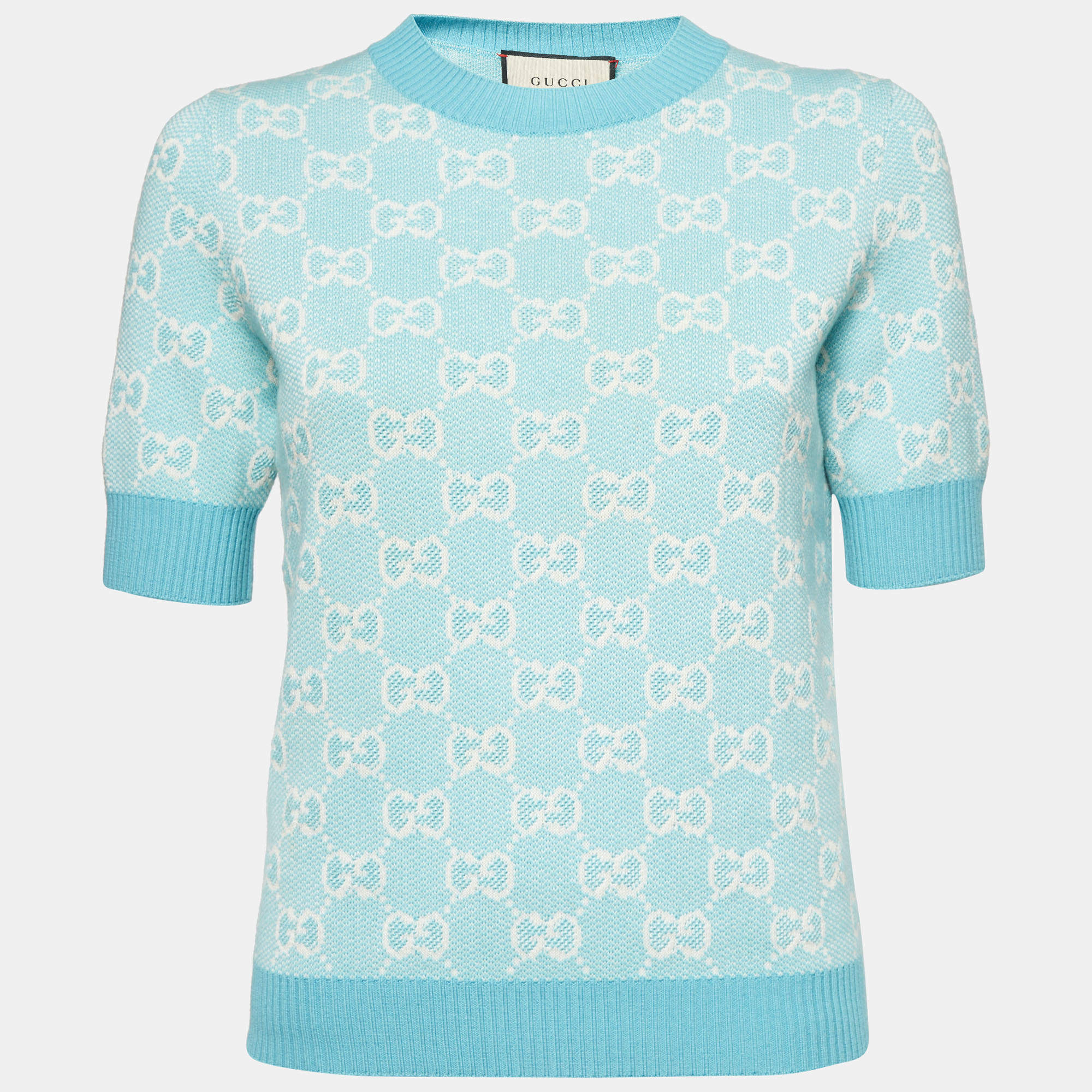 Pre Owned Gucci Light Blue GG Jacquard Knit Short Sleeve Top S