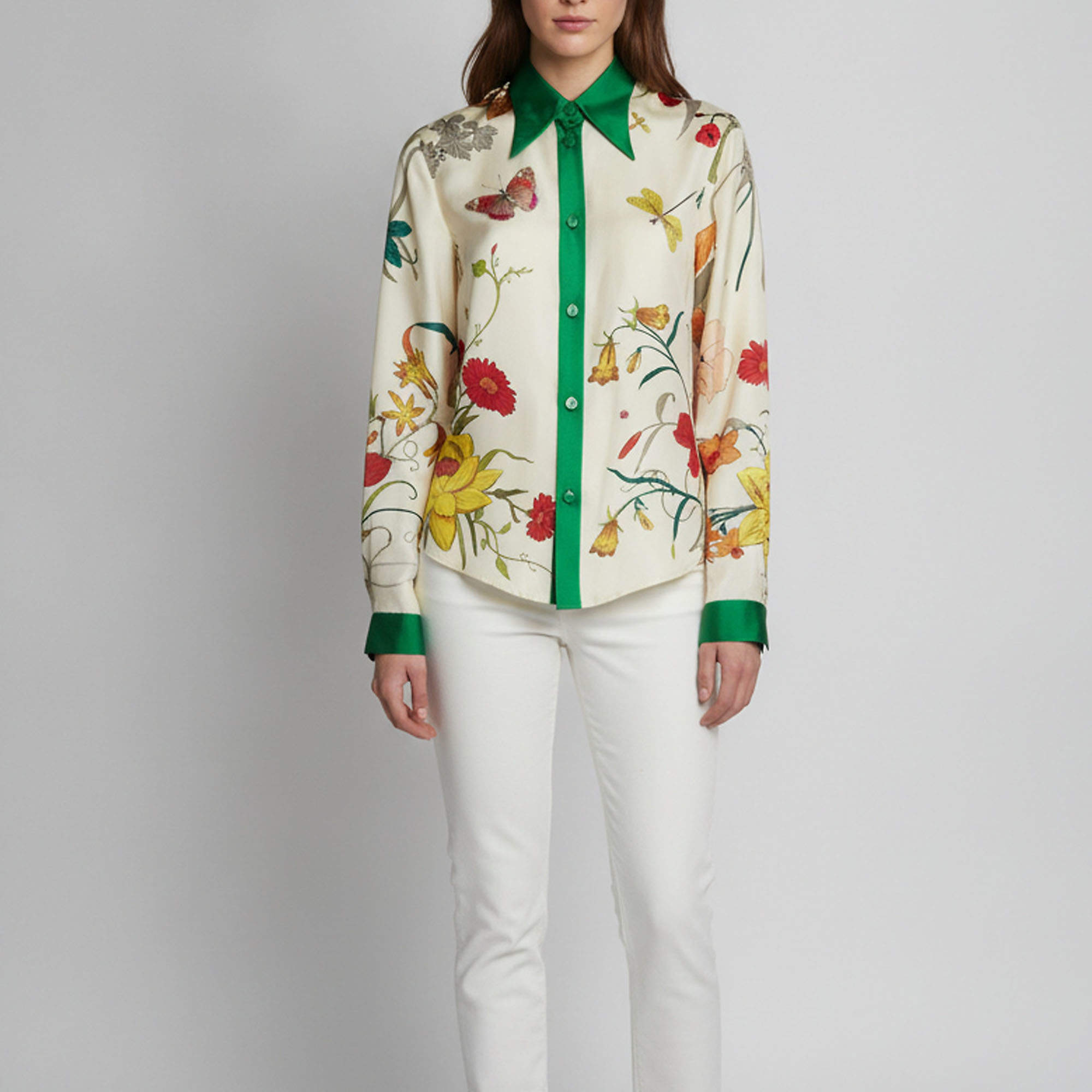 Pre Owned Gucci Cream Floral Print Satin Silk Button Front Shirt S