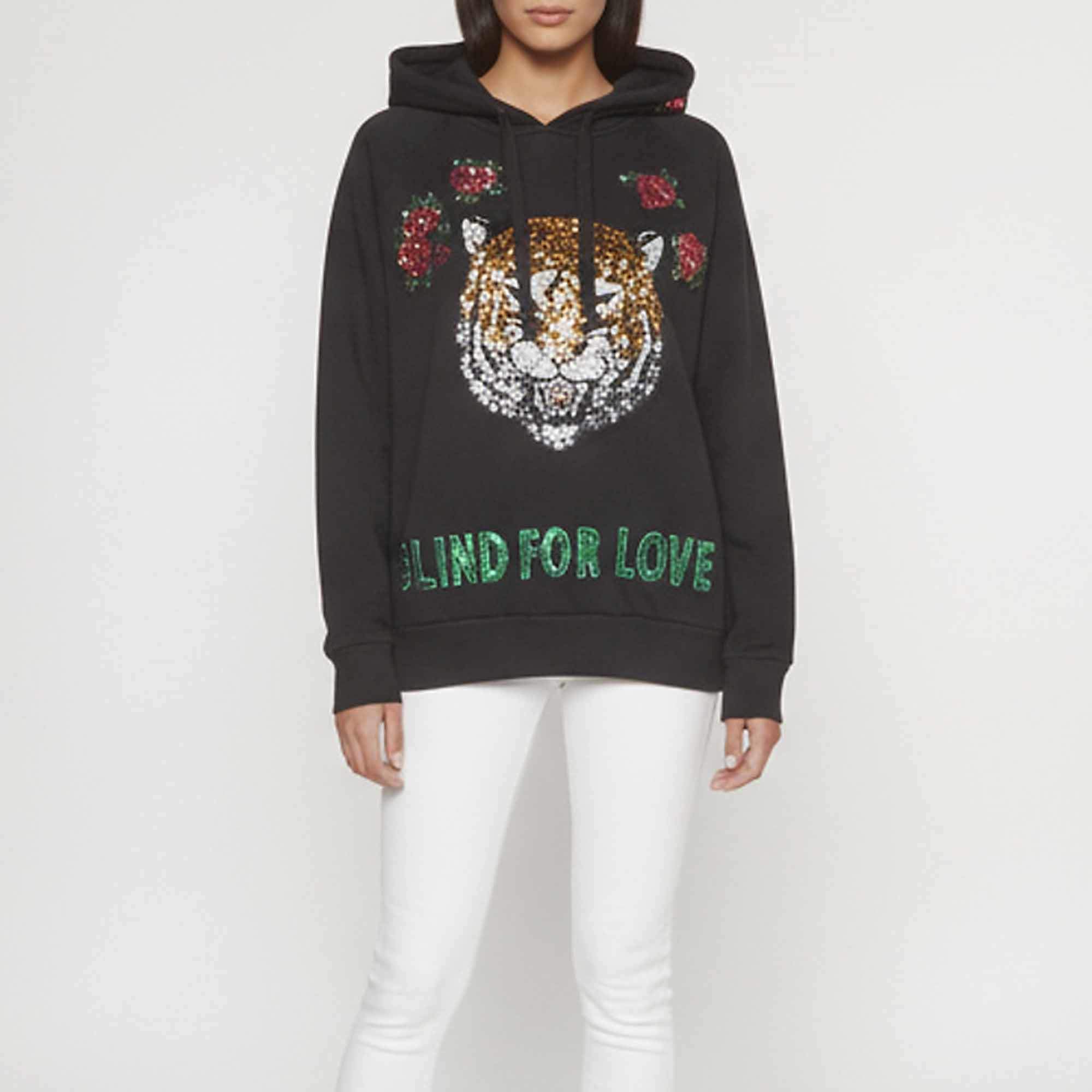 Pre Owned Gucci Black Cotton Knit Sequin Tiger Embellished Hoodie S