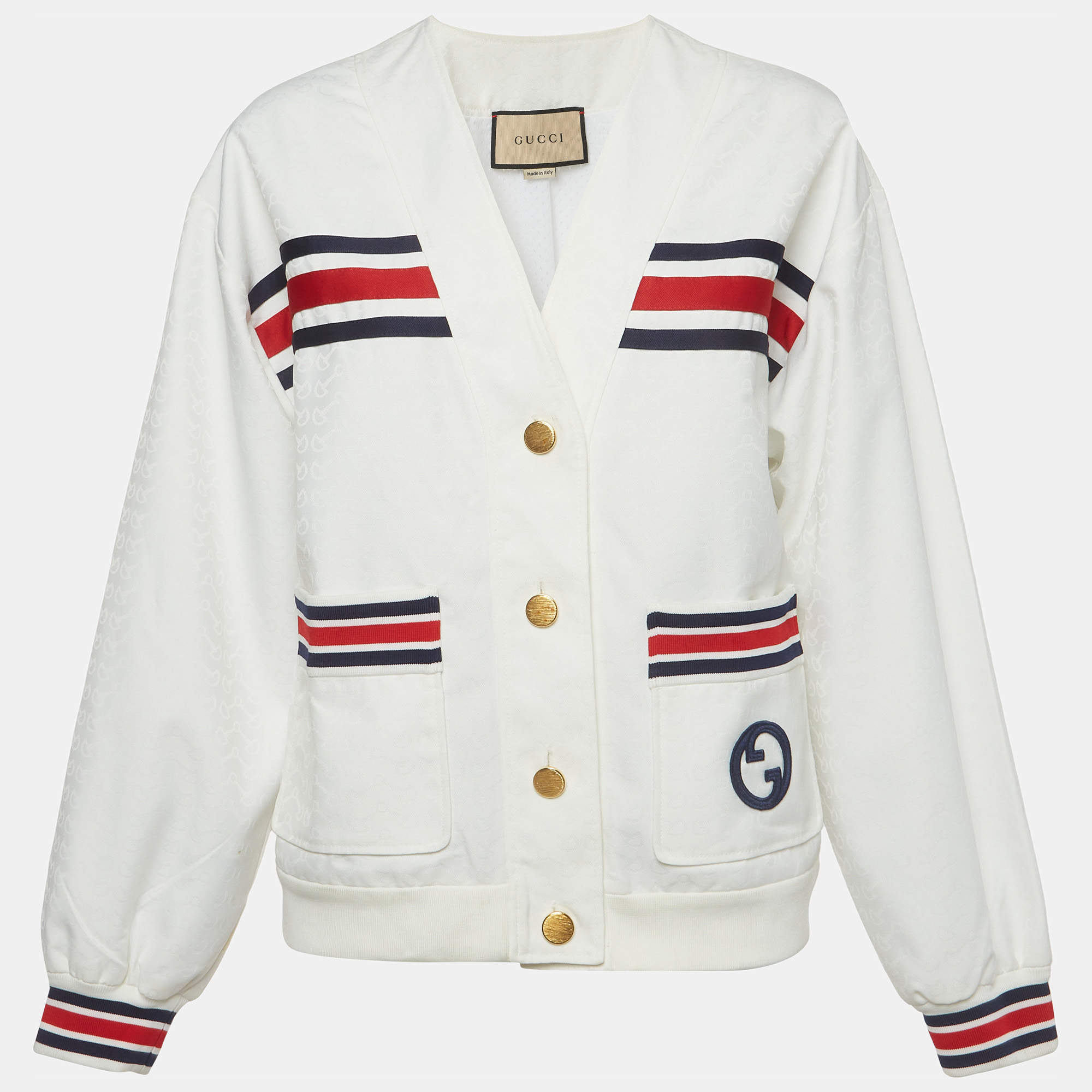 Pre Owned Gucci White Web Trim Technical Jersey V-Neck Cardigan S