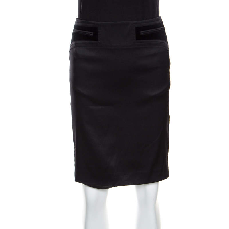 Pre Owned Gucci Black Silk Velvet Trim Pocket Pencil Skirt S