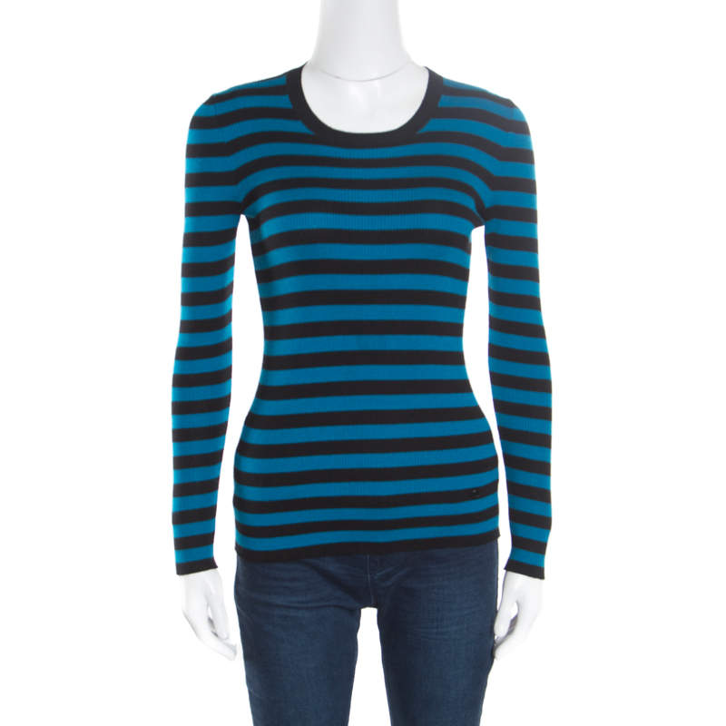 Pre Owned Gucci Black and Blue Striped Crew Neck Sweater XS