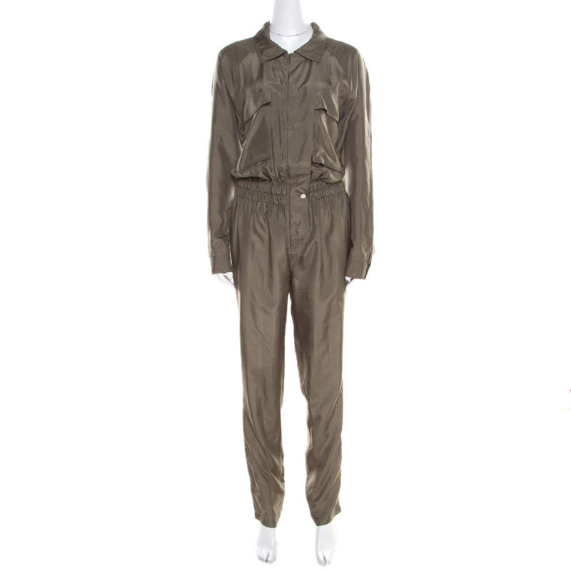 Gucci Olive Green Silk Clinched Waist Tapered Jumpsuit M