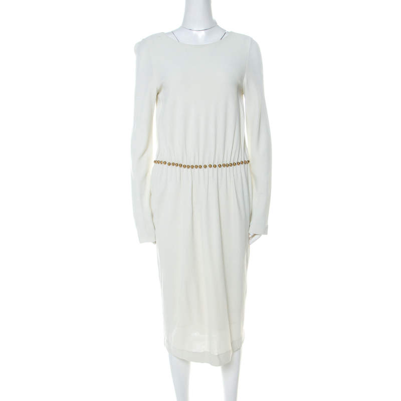 Pre Owned Gucci Pastel Green Stretch Crepe Beaded Waist Long Sleeve Dress L 