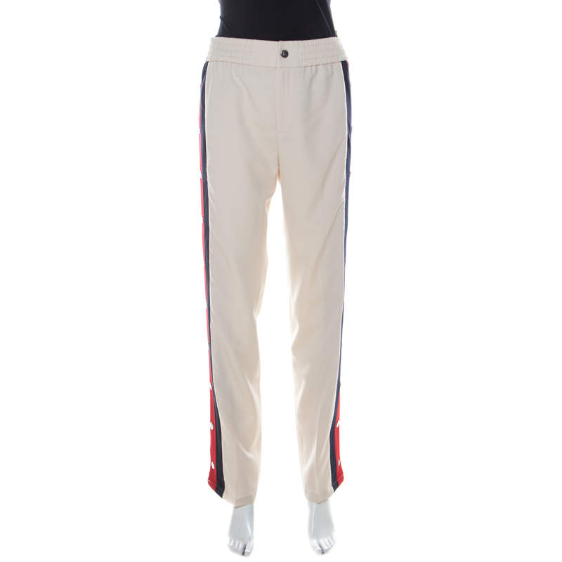 Pre Owned Gucci Beige Wool & Silk Blend Striped Side Seam Snap Button Detail Sweatpants S