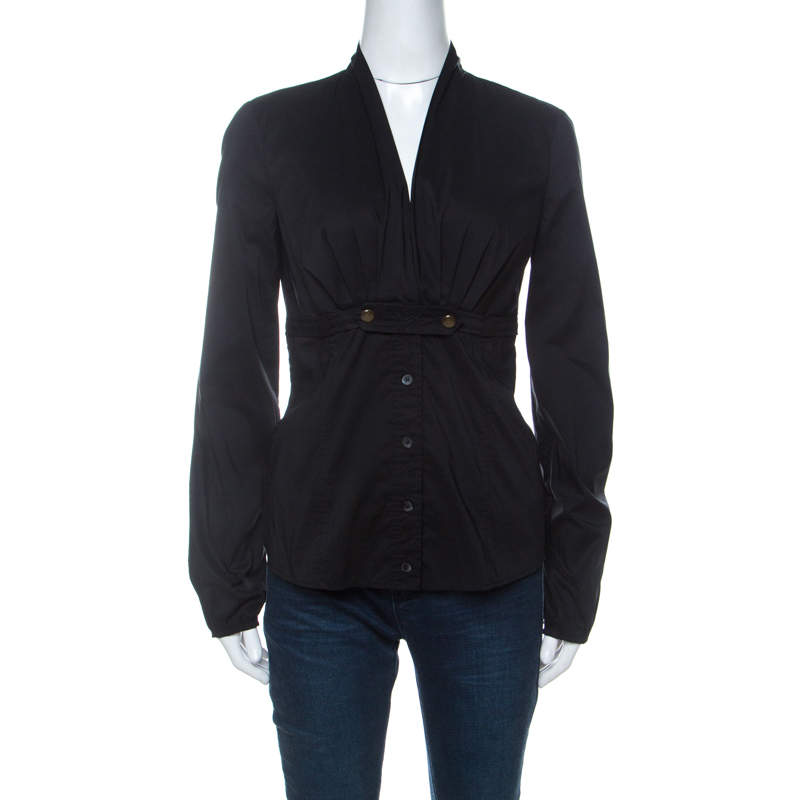 Pre Owned Gucci Black Cotton Blend Gathered Bodice Belted Long Sleeve Top M