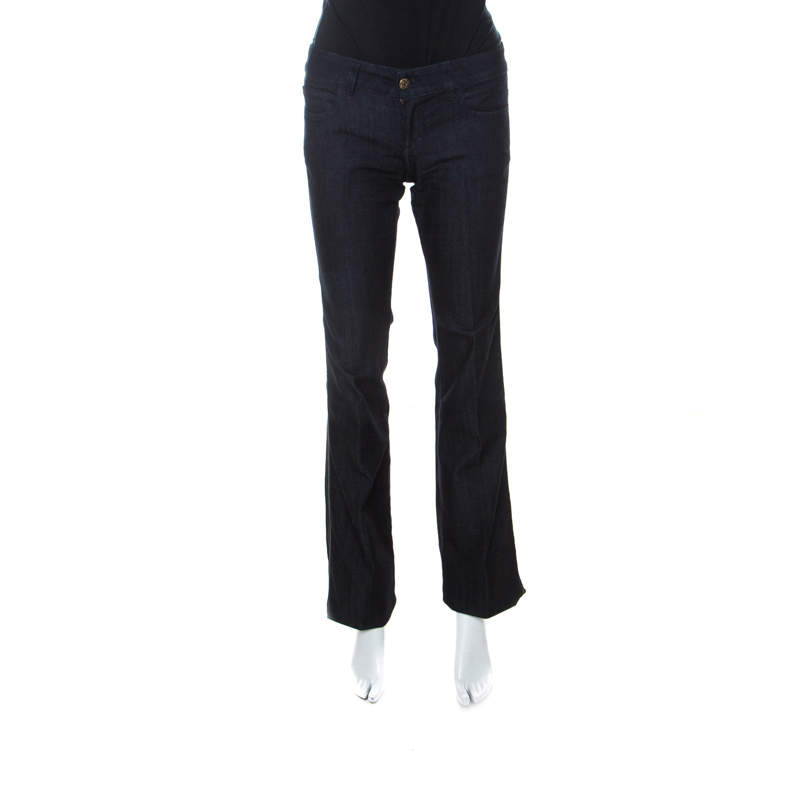 Pre Owned Gucci Blue Dark Wash Denim Rainbow Embroidery Detail Flared 70s Jeans S