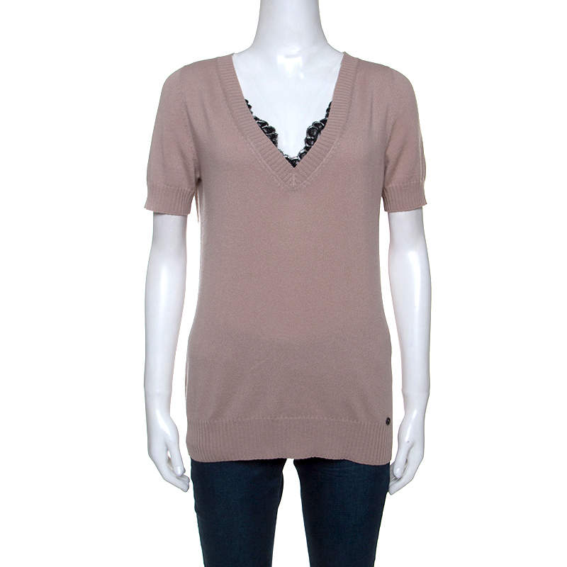 Pre Owned Gucci Dusky Pink Cashmere Knit Lace Trim V-Neck Top L