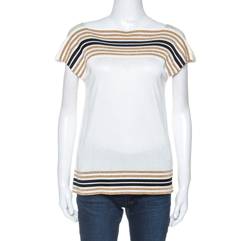 مملوكة مسبقًا Gucci Off White Knit Metallic Trim Detail Top M
