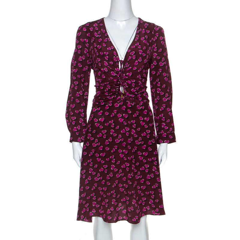 Gucci Burgundy Heartbeat Print Silk Ruched Detail Dress L