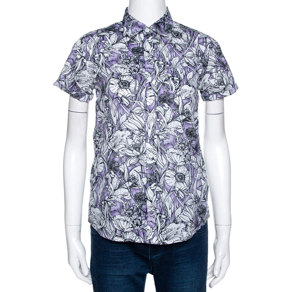 Pre Owned Gucci Purple Floral Print Cotton Short Sleeve Shirt S
