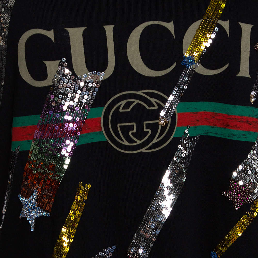 Gucci Black Sequin Embellished Cotton Shooting Stars T Shirt M