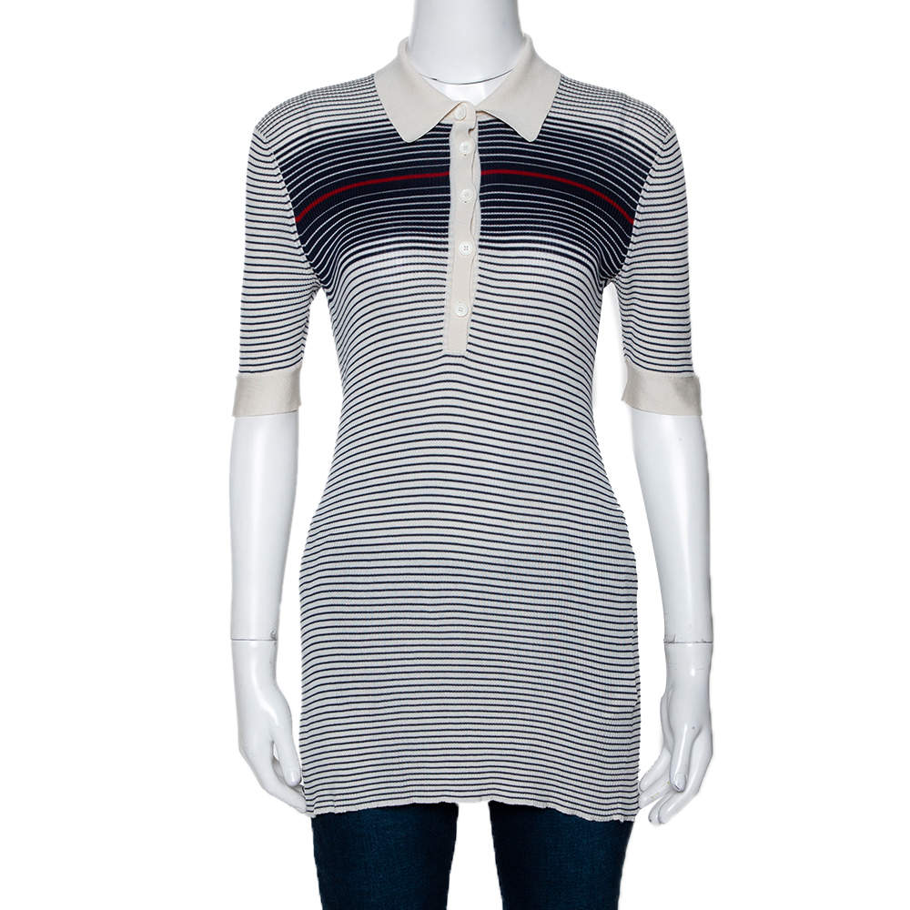 Gucci Cream & Navy Striped Silk Knit Polo Top M 