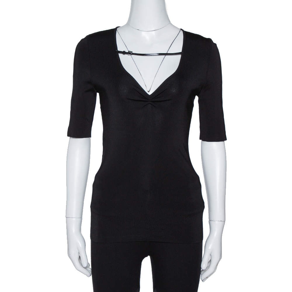 مملوكة مسبقًا Gucci Black Jersey Leather Strap Detail V-Neck Top L