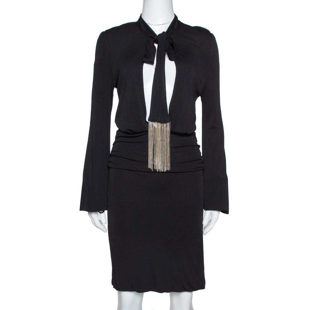 Pre Owned فستان غوتشي طول أكمام تفاصيل رابطة سلسلة جيرسيه أسود L