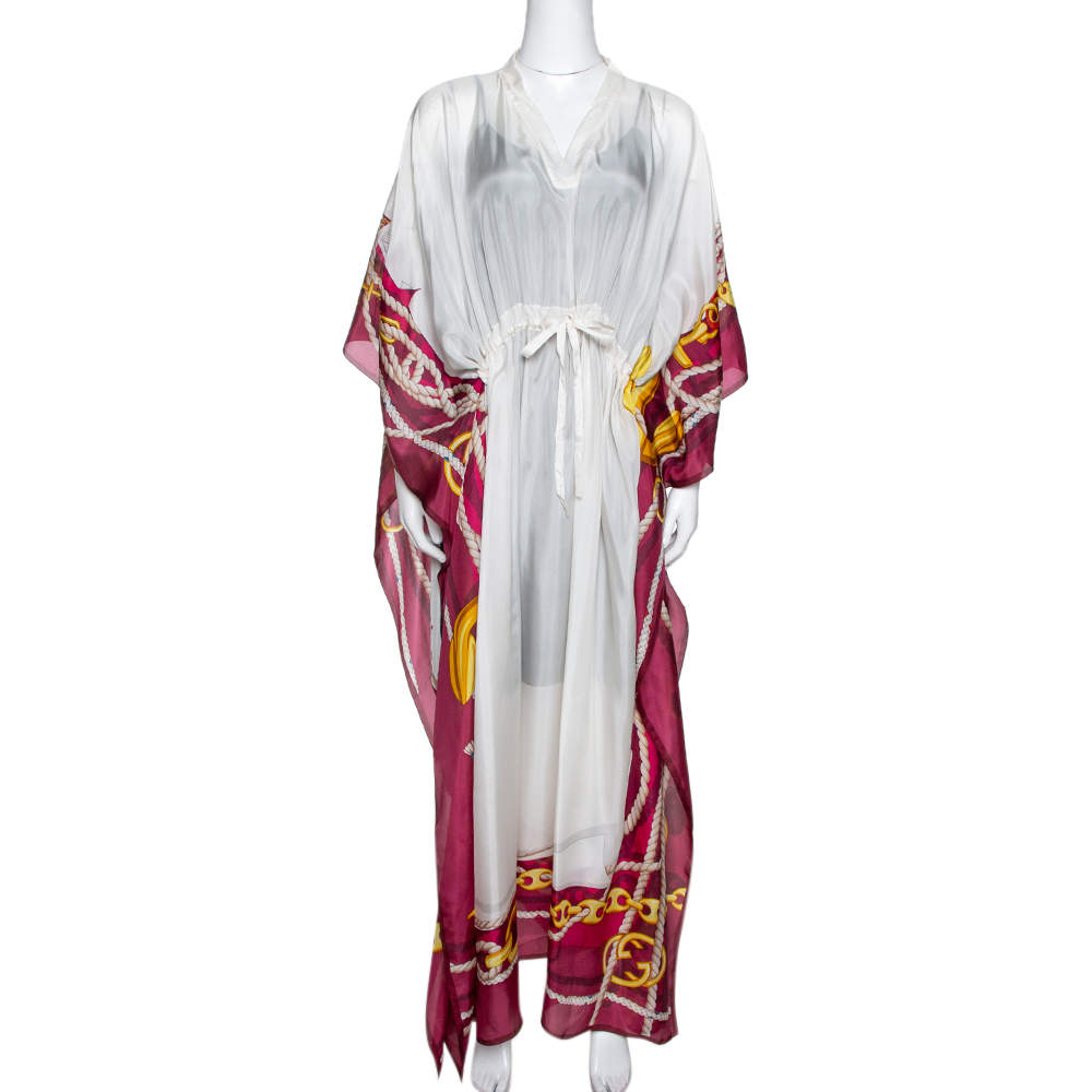 Gucci Cream Sheer Silk Equestrian Print Kaftan Dress ( One Size )